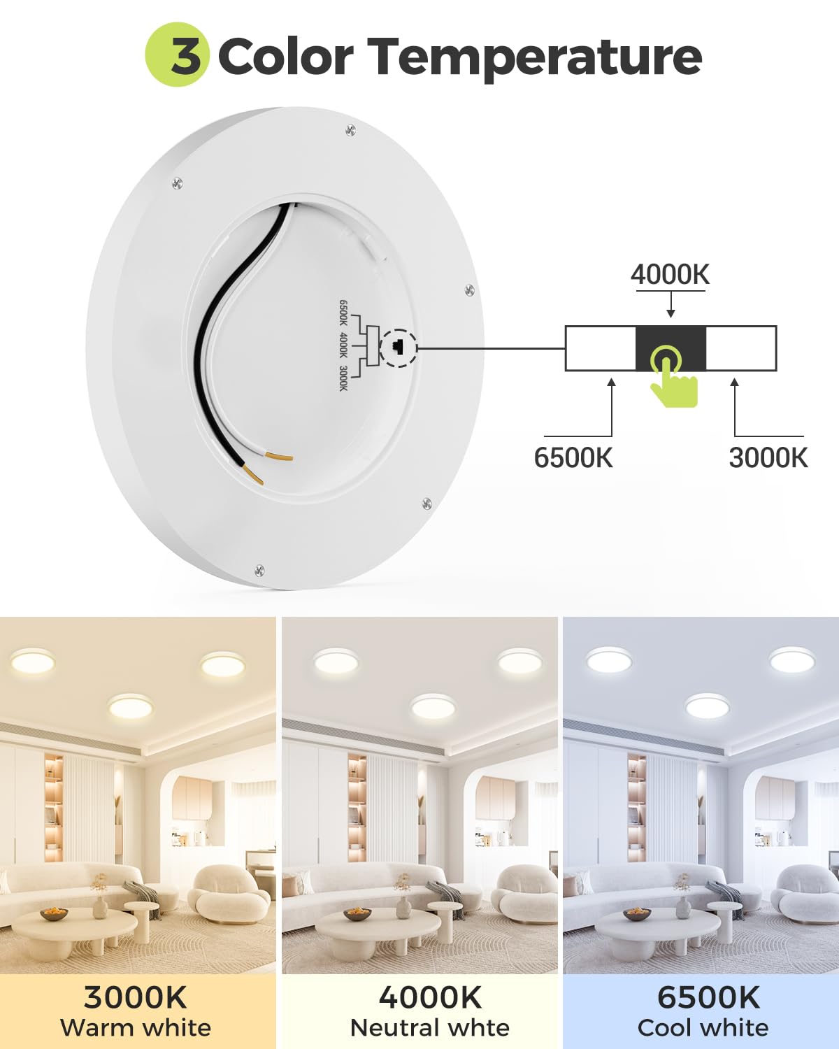 Hepside 2Pack Dimmable Flush Mount Ceiling Light Fixture White, 3Cct Selectable 3000/4000/6500K Ceiling Lamp, 7.5Inch 15W 1500Lm