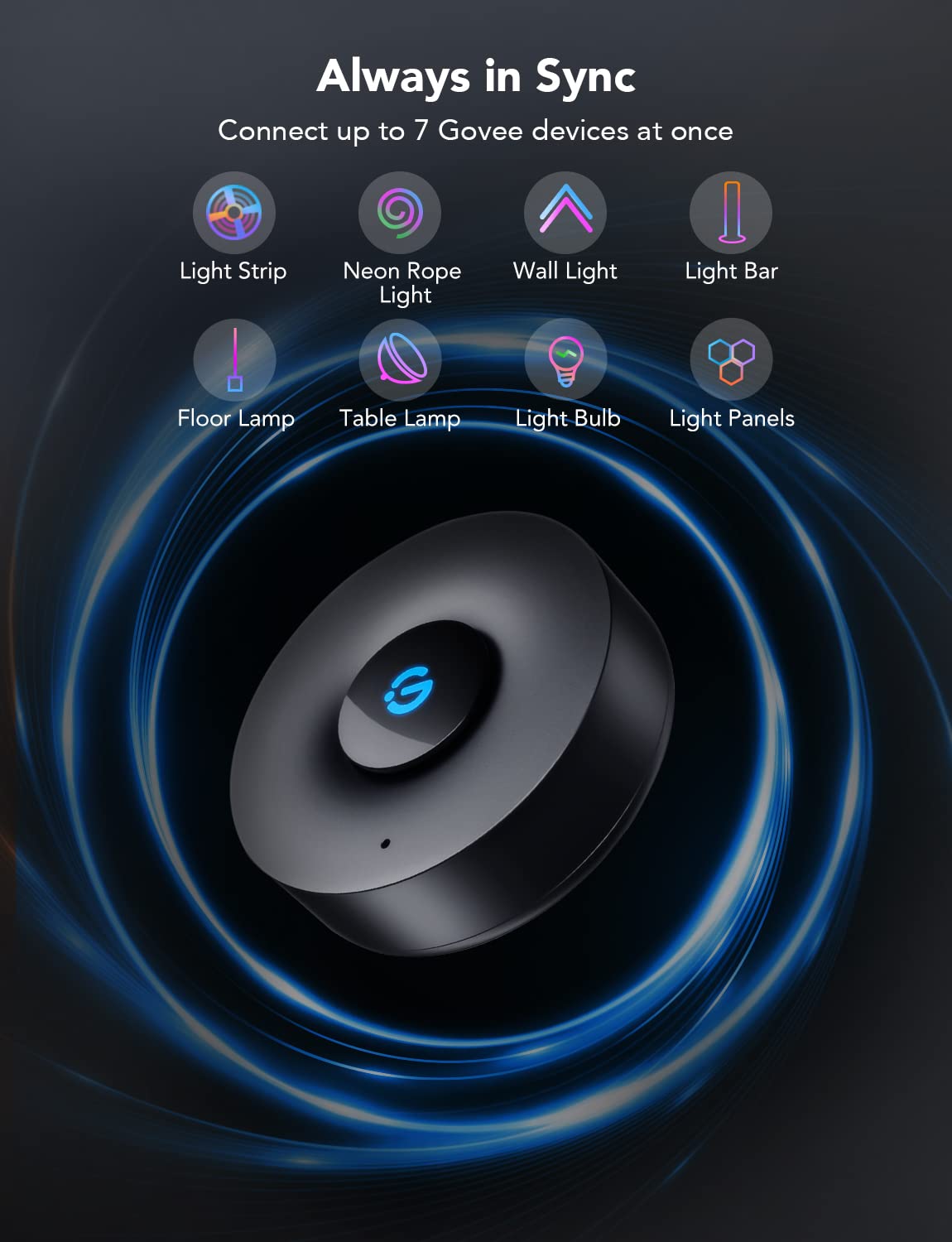 Govee Music Sync Box, Bluetooth Group Control 7 Devices, 22 Dynamic Music Modes, Battery Powered, Usb Charged, Supports All Gove