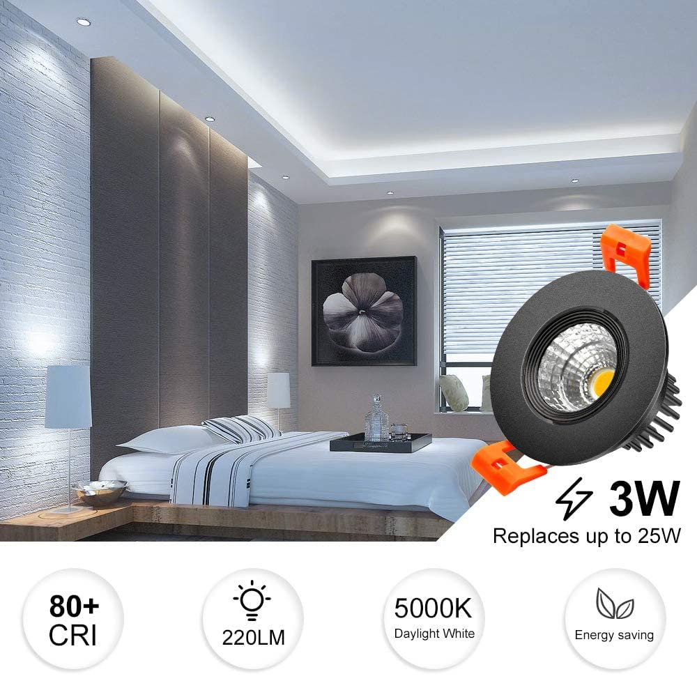 Inshareplus 2 Inch Led Downlight, 3W Recessed Lighting Cob Dimmable, 5000K Daylight White, Cri80, Black Trim, Led Ceiling Lights