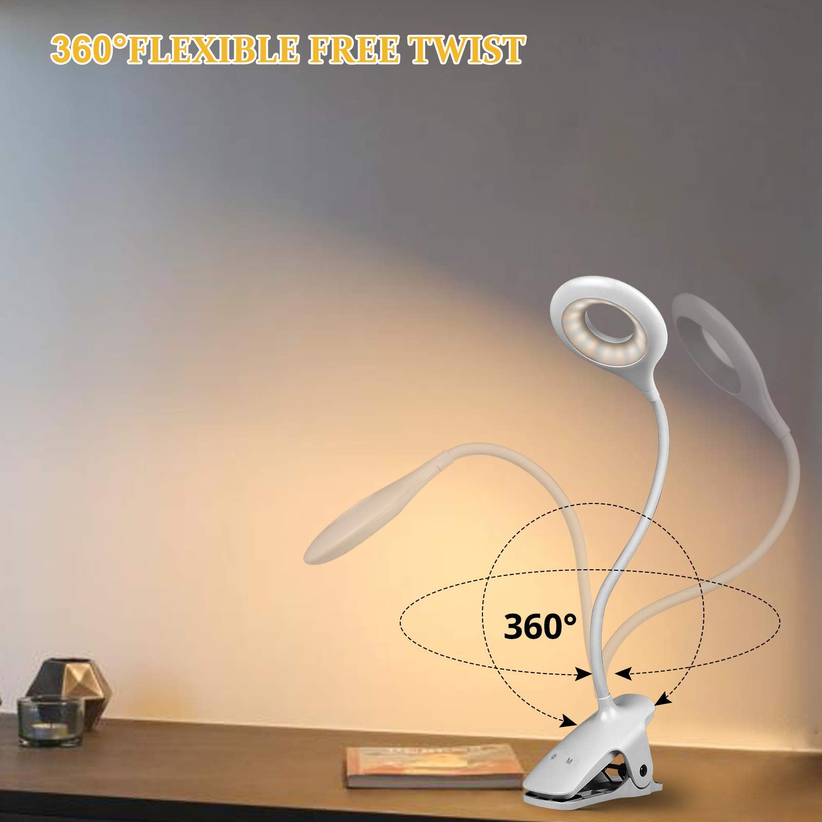 Semlos LED Desk Light, USB Rechargeable Clip Table Lamp, Battery Powered Bedside Reading Lights, 3 Colors 3 Brightness, Touch Co