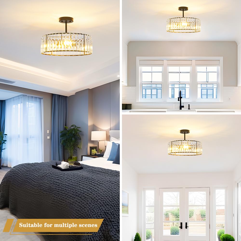 Modern Crystal Ceiling Light Fixture  Semi Flush Mount Ceiling Light  Matte Black Hallway Lighting Fixtures Chandelier  Crystal Chandelier For Kitchen Bedroom Dining Room Closet  5-Light  16 Inch