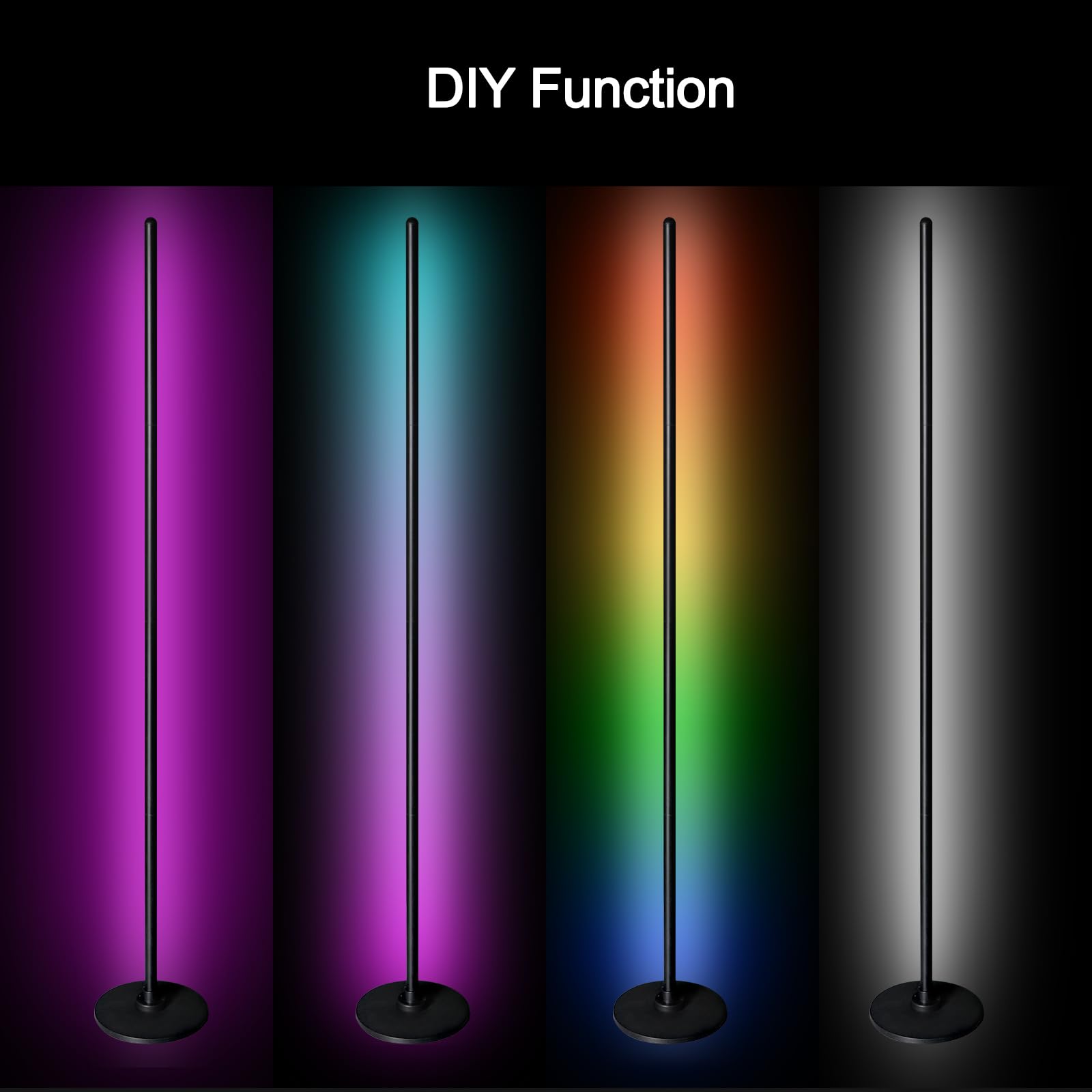 wooaismart RGB LED Floor Lamp, 16 Million Colors, Music Sync, 4.4ft Tall, Black, Model LD03-3-433