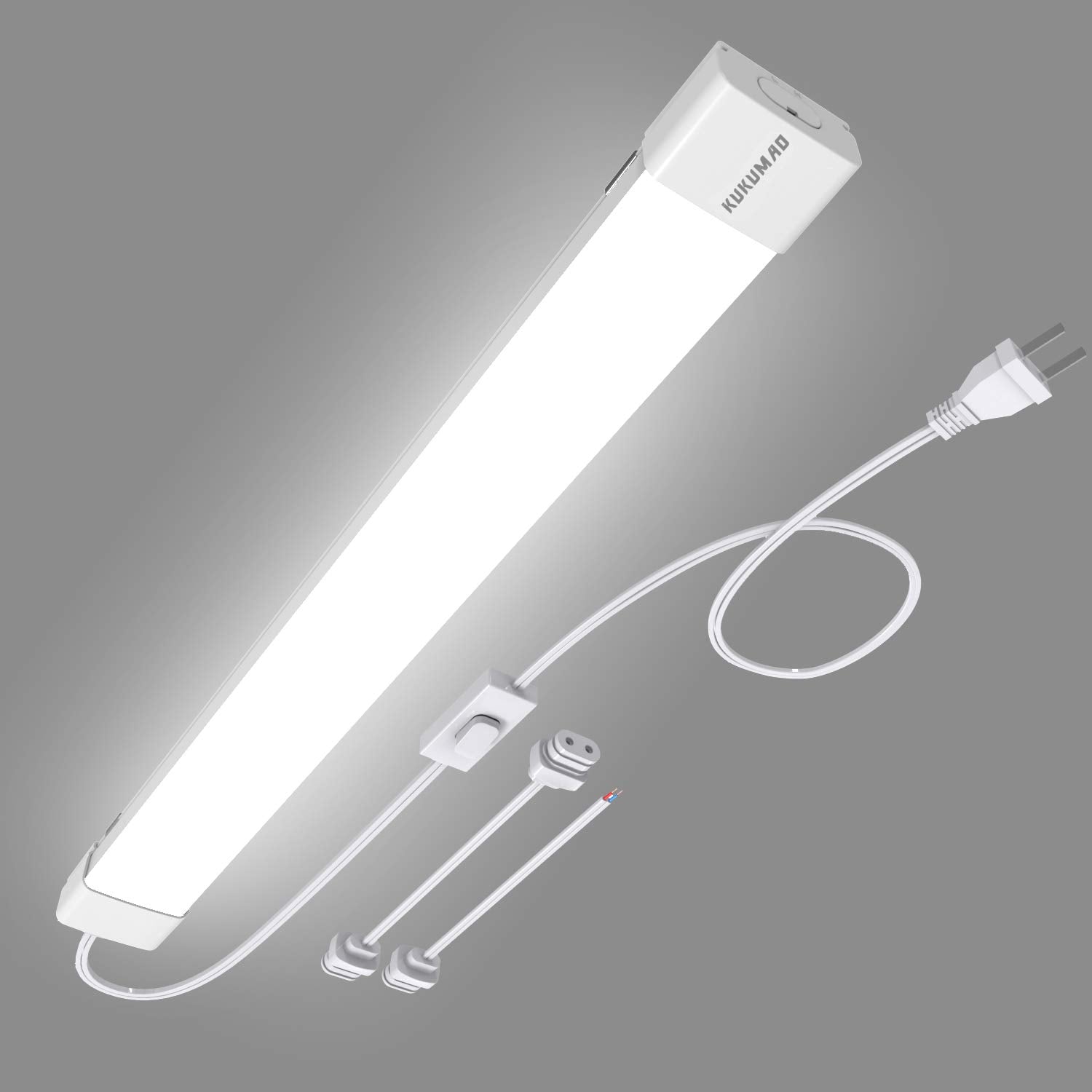 KUKUMAO 5000K Triproof LED Ceiling Light Fixture, 2FT, 18W, White, Linkable, Ideal for Garage, Kitchen, Bathroom, Office