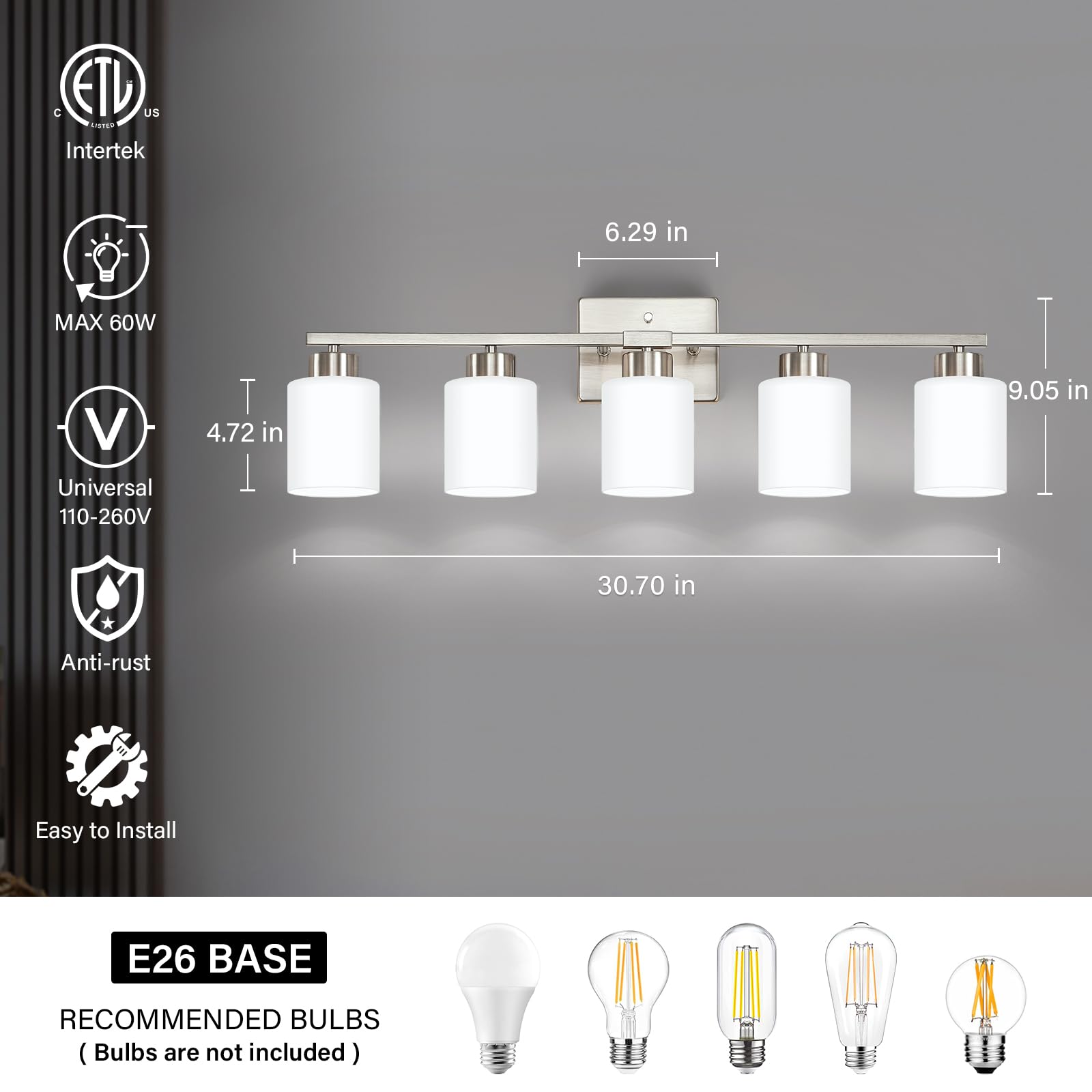Fonmyim Brushed Nickel Bathroom Light Fixtures, 5-Light Modern Vanity Light Over Mirror, Wall Sconces With Milky White Frosted G