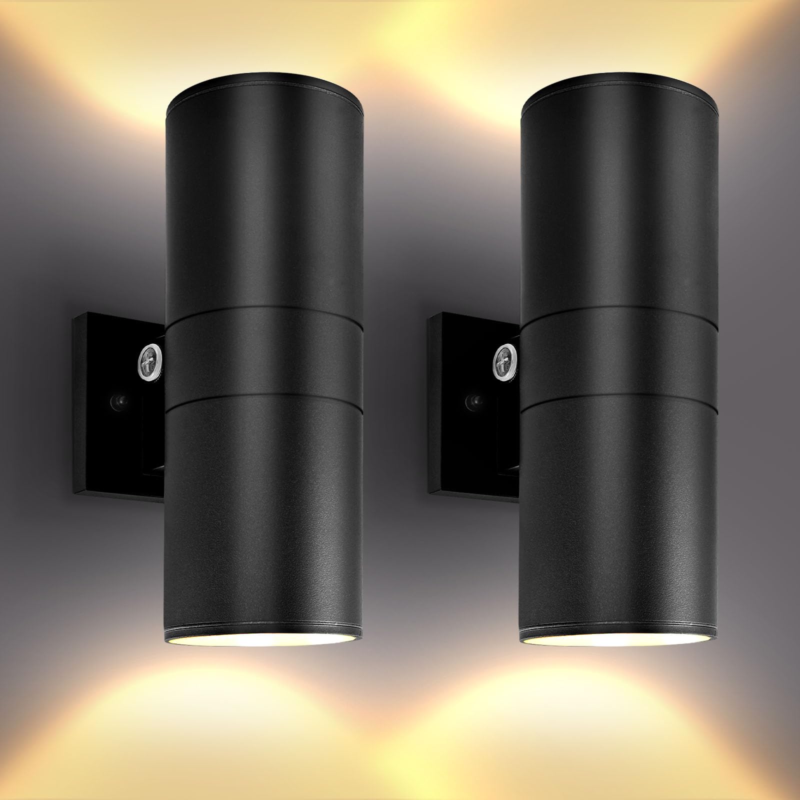 LUXRITE Dusk to Dawn LED Wall Lights, Waterproof Cylinder Sconce, 12in, 3CCT (3000K-5000K), Dimmable, Black, 2