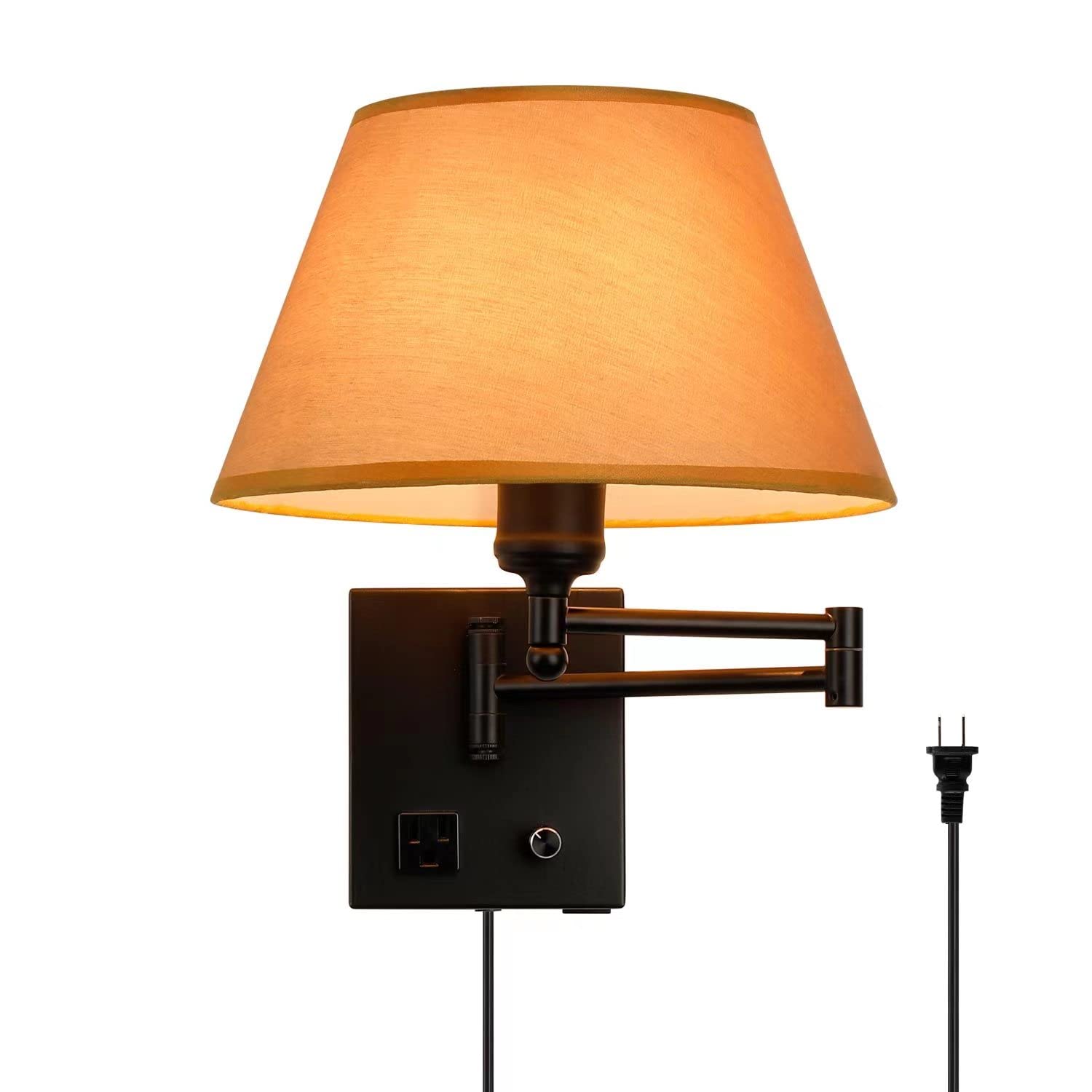 Swing Arm Wall Sconces, Plug-In Wall Lamp,Bedroom Wall Lamp , White Fabric Shade With Dimmable Switch And Usb Charging Port,Suitable For Bedside,Living Room,Reading (Black. Gold Shadow)