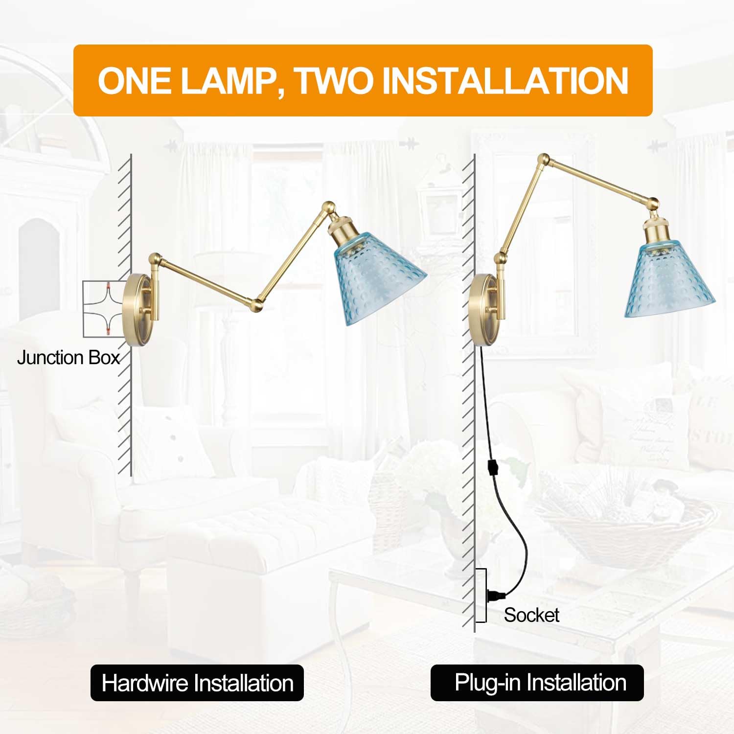 BARSUNS Swing Arm Wall Sconce Set of 2, Metal, Gold & Blue, Adjustable Brightness, Remote Control, Model BS-WL351YB-B2