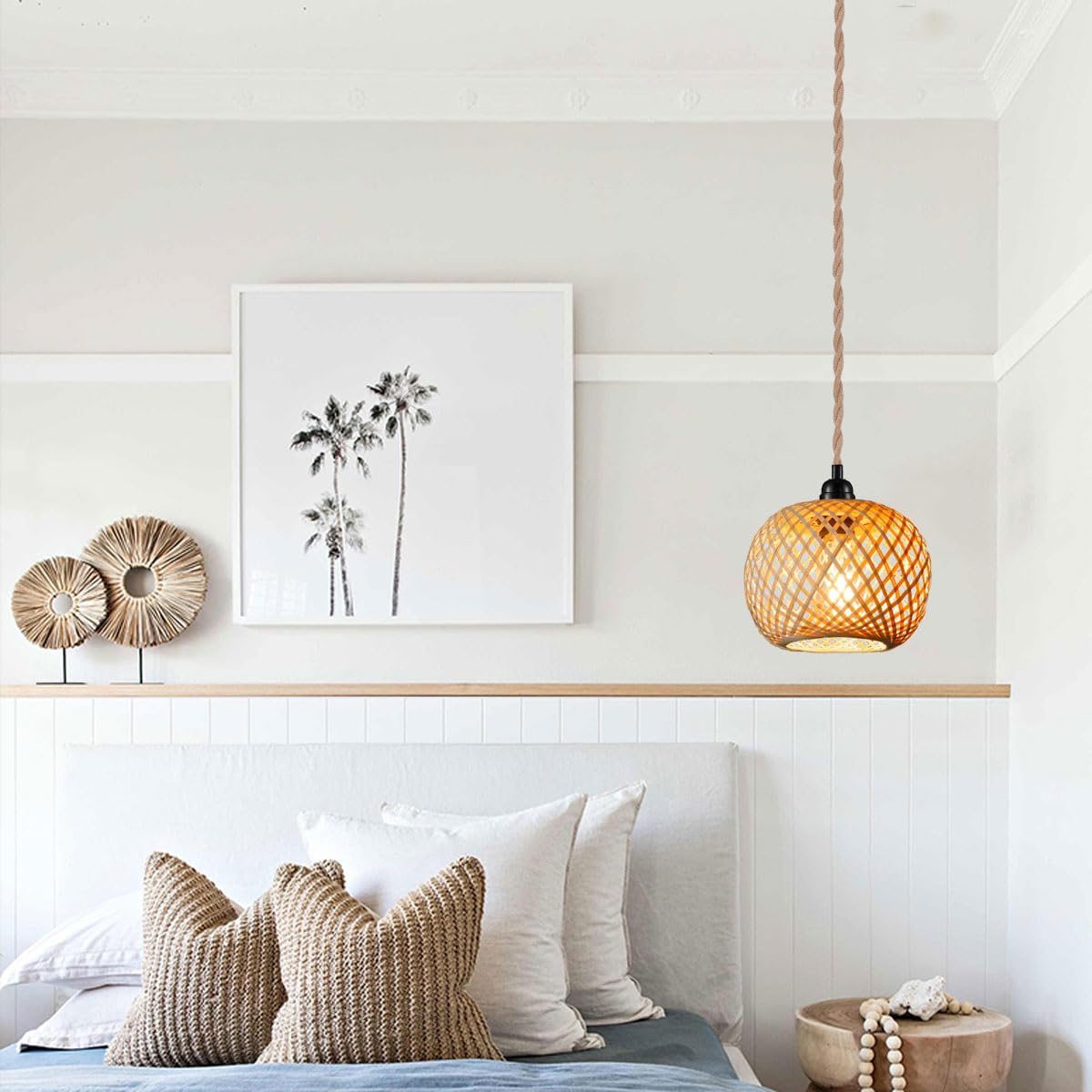 Vintage Plug In Pendant Light Wicker Rattan Hanging Lights With 15Ft Hemp Rope Cord Mini Bamboo Lampshade Boho Wall Lighting Fix