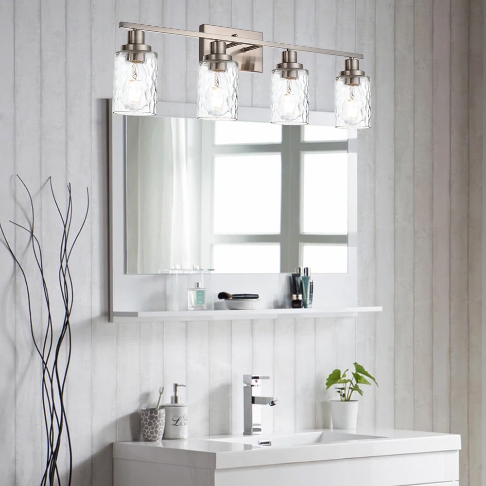 MELUCEE 4-Light Wall Light Fixture, Brushed Nickel, Metal, Clear Hammered Glass Shade, Model 450A-4W-SN