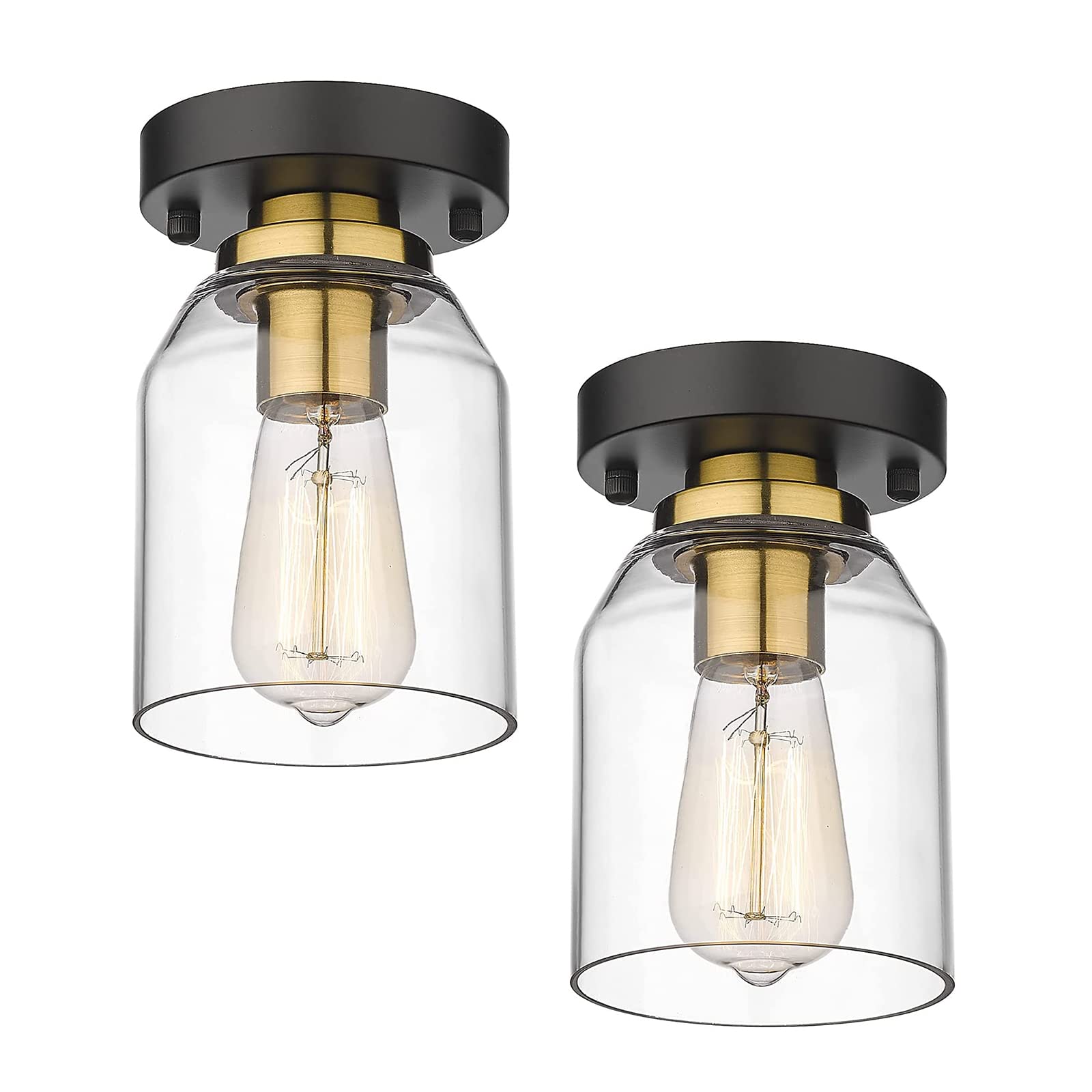 Zeyu 2 Pack Farmhouse Ceiling Lights, Small Semi Flush Mount Light Fixtures With Clear Glass Shade For Kitchen Hallway Laundry R