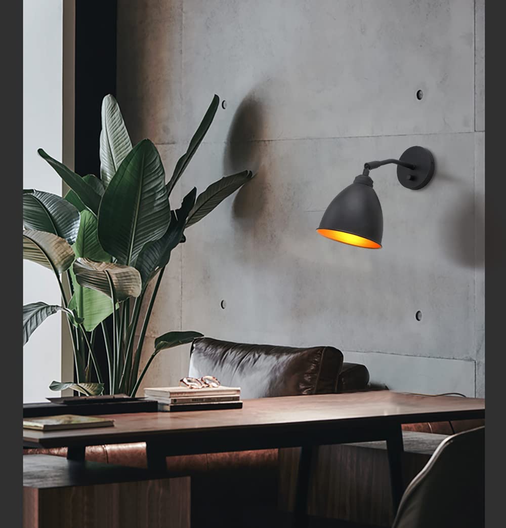 Yosoan Vintage Wall Sconce Bookcase Light, 1-Light Dimmable On Off Switch Hardwired Industrial Mount Metal Fixture Lighting Lamp With 6.1" Oval Black Metal Shade In-Build Gold Reading Light For Bed