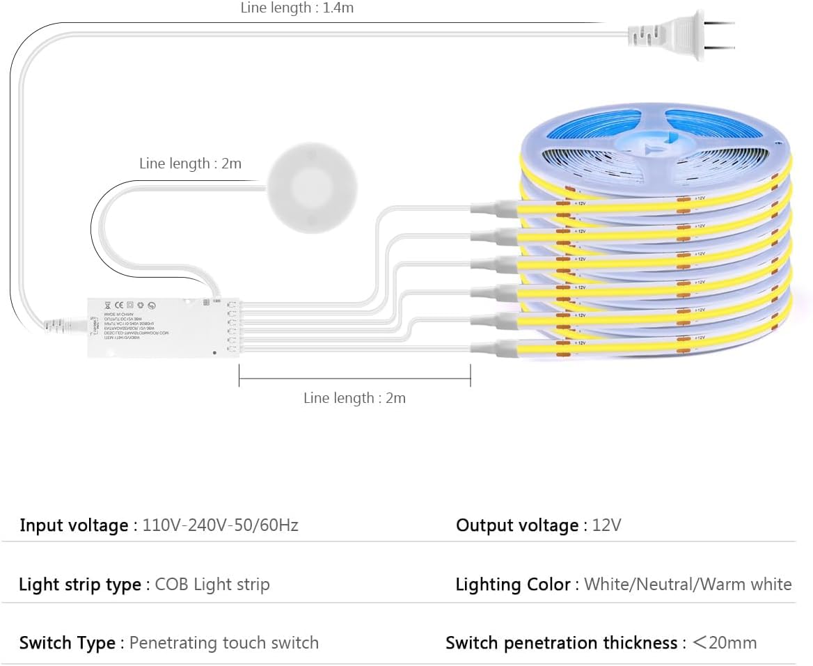 Tlinkosta Cabinet Light Cob Led Strip Lights 6-In-1 Dimmable Touch Control For Display Cabinets  Wardrobes  Kitchen  Wine Cabinets  Showcase & Shelf Lighting (Warm Light  3.3Ft)