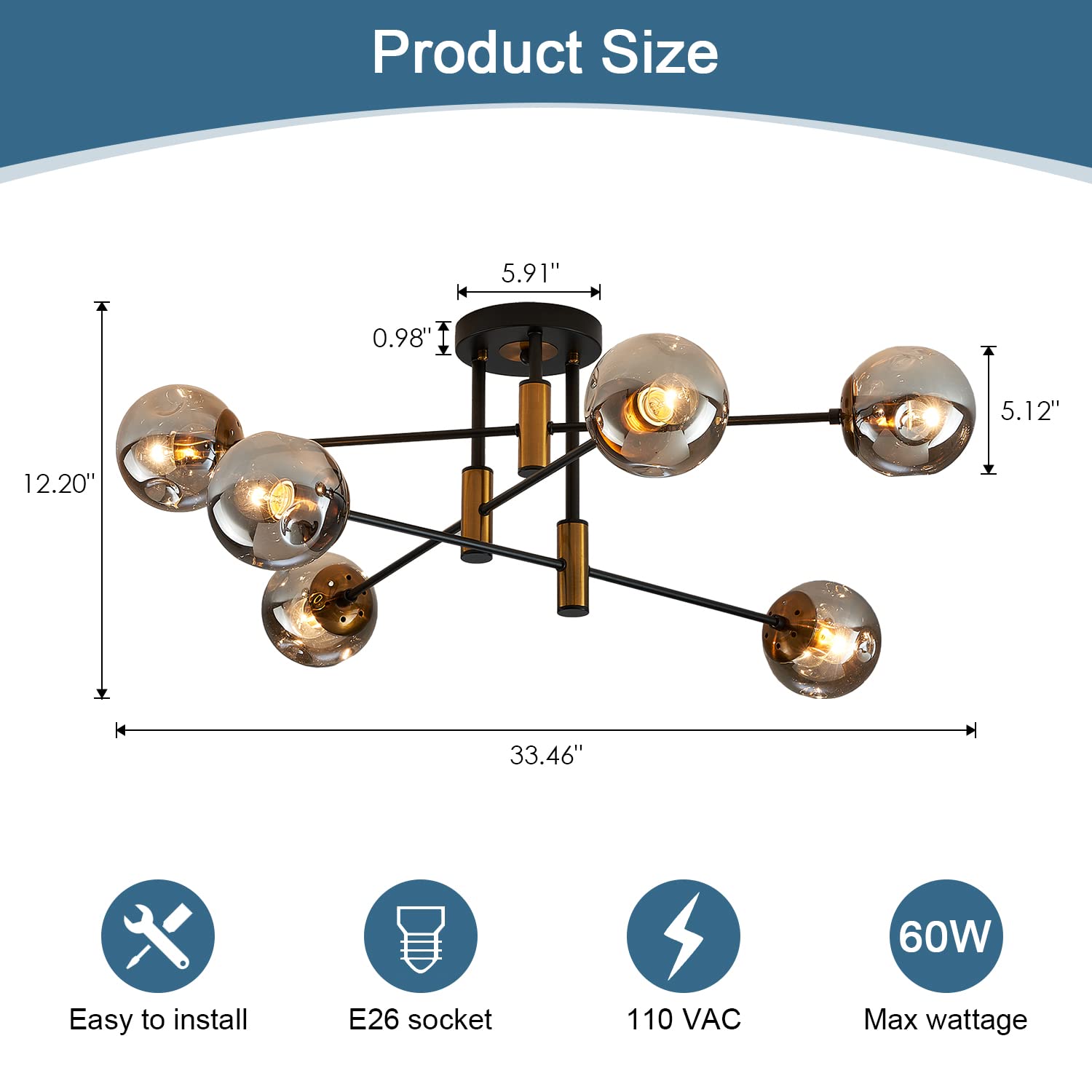 DDLLDESHI 6-Light Glass Globe Sputnik Chandelier - Modern Matte Black & Gold - Vintage Ceiling Light for Living Room, Kitchen, Bedroom