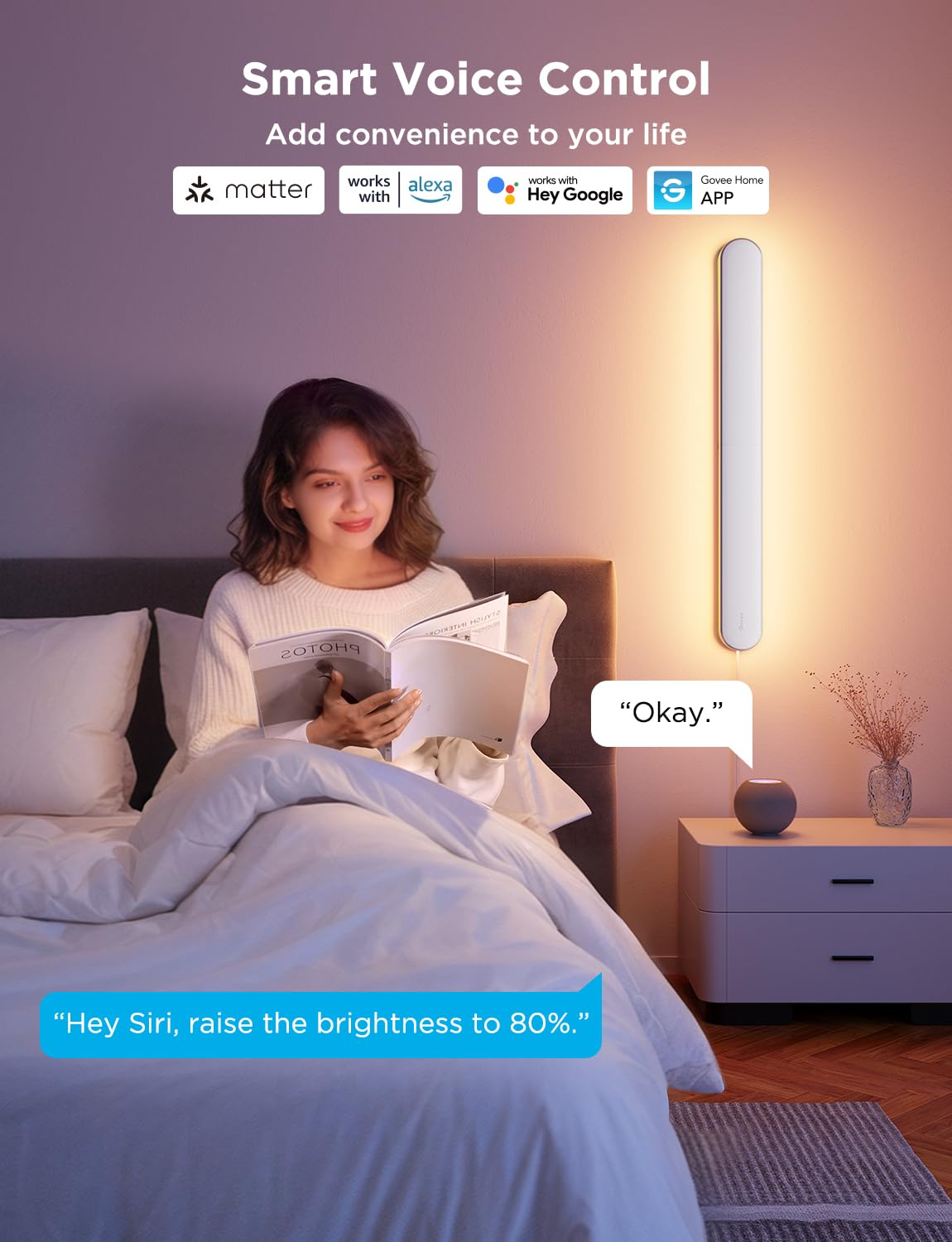 Govee Smart RGBIC Wall Sconce Light, Modern White, Music Sync, Compatible with Matter & Alexa, Model H6039, 1 Pack