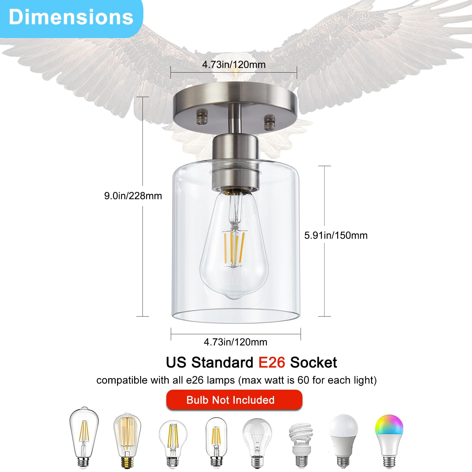 YYT Brushed Nickel Semi Flush Mount Ceiling Light, 1-Light Fixture, Clear Glass Shade, Model C1812001SB