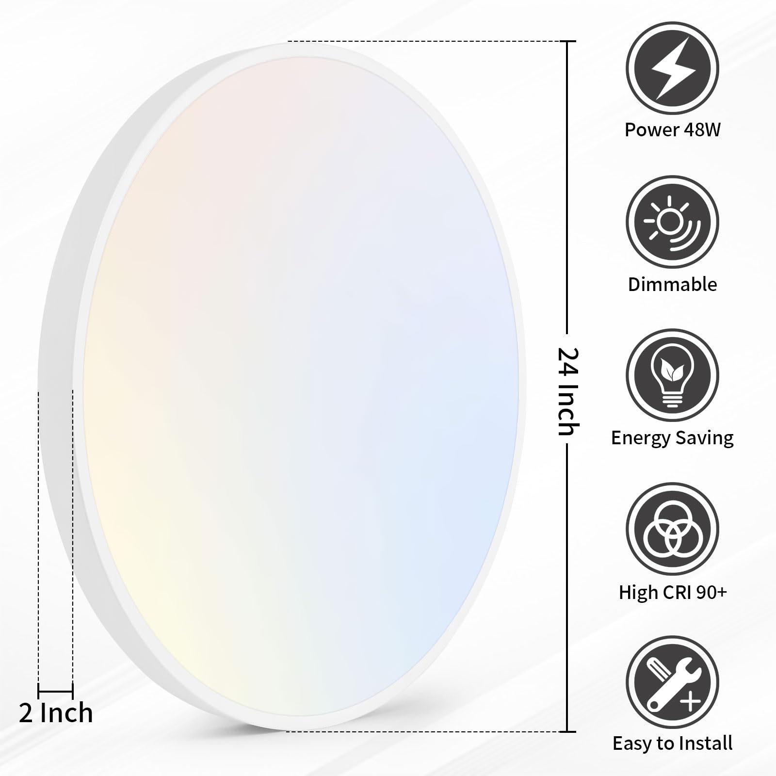 24 Inch Led Ceiling Light Fixture, Ultra Thin Flush Mount, Dimmable With Remote Control, 3000K-6500K Color Adjustable, 48W, 4800