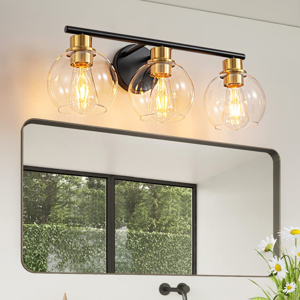 Lanmate 3-Light Black And Gold Bathroom Vanity Light Fixture With Glass Shades, Industrial Wall Sconce