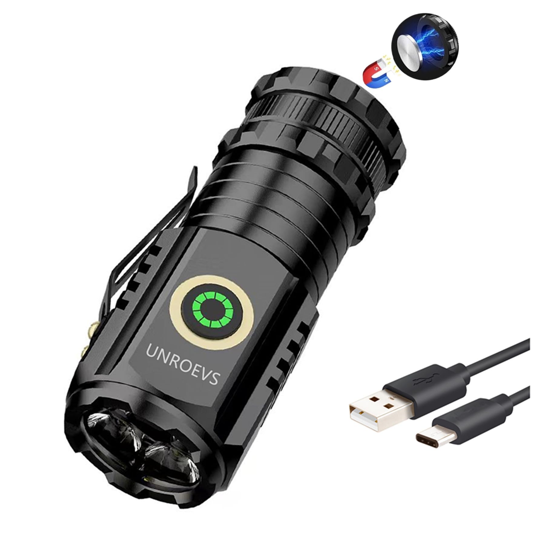 UNROEVS Mini LED Flashlight, 2550 Lumens, 5 Light Modes, Rechargeable USB C, Pocket Size, Black