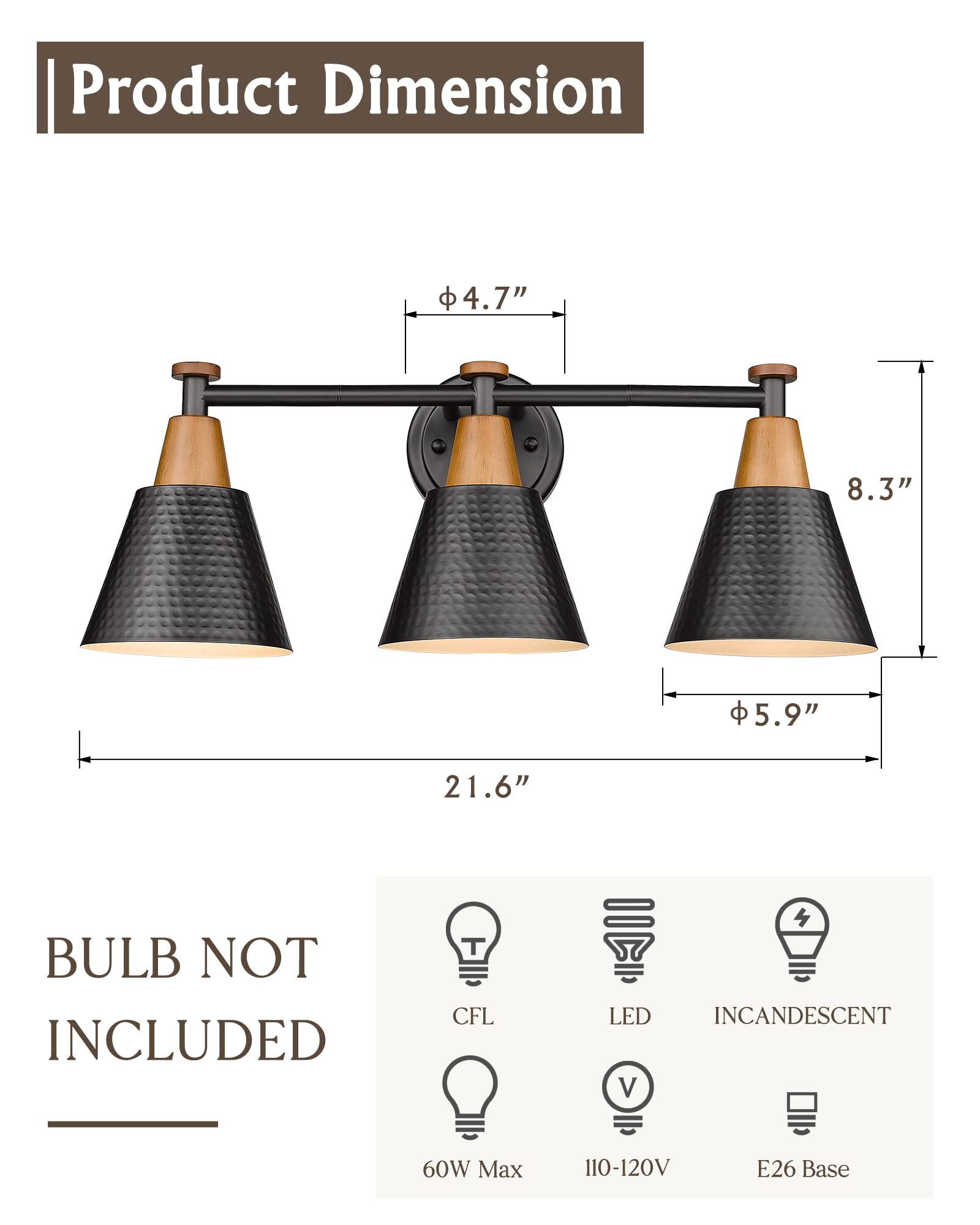 FEMILA 3-Light Black Bathroom Vanity Light Fixtures with Hammered Metal Shade, Modern Wall Lamp for Kitchen and Living Room