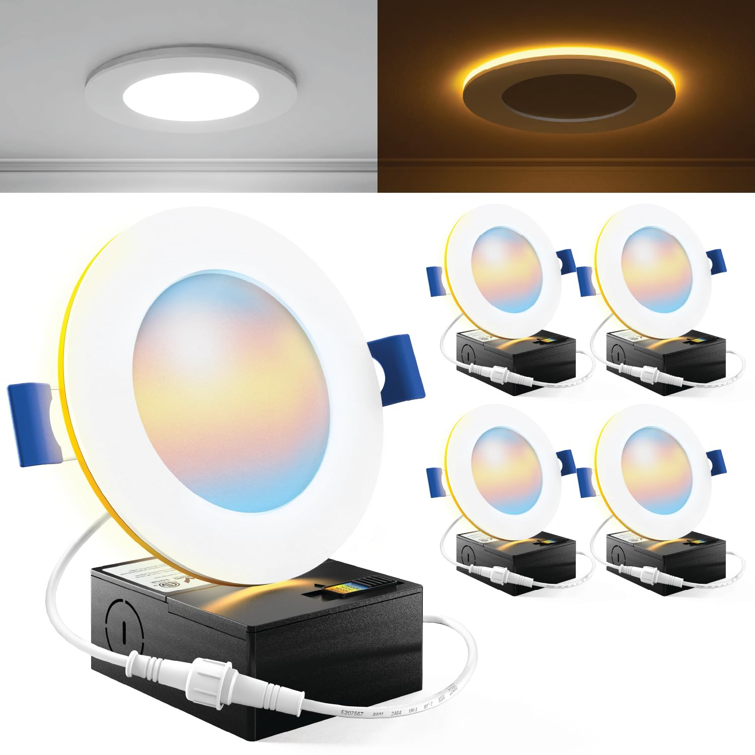Sunco 4 Pack 4 Inch Ultra Thin LED Recessed Ceiling Lights Slim with Night Light, 900 LM, Selectable CCT 2700K/3000K/3500K/4000K