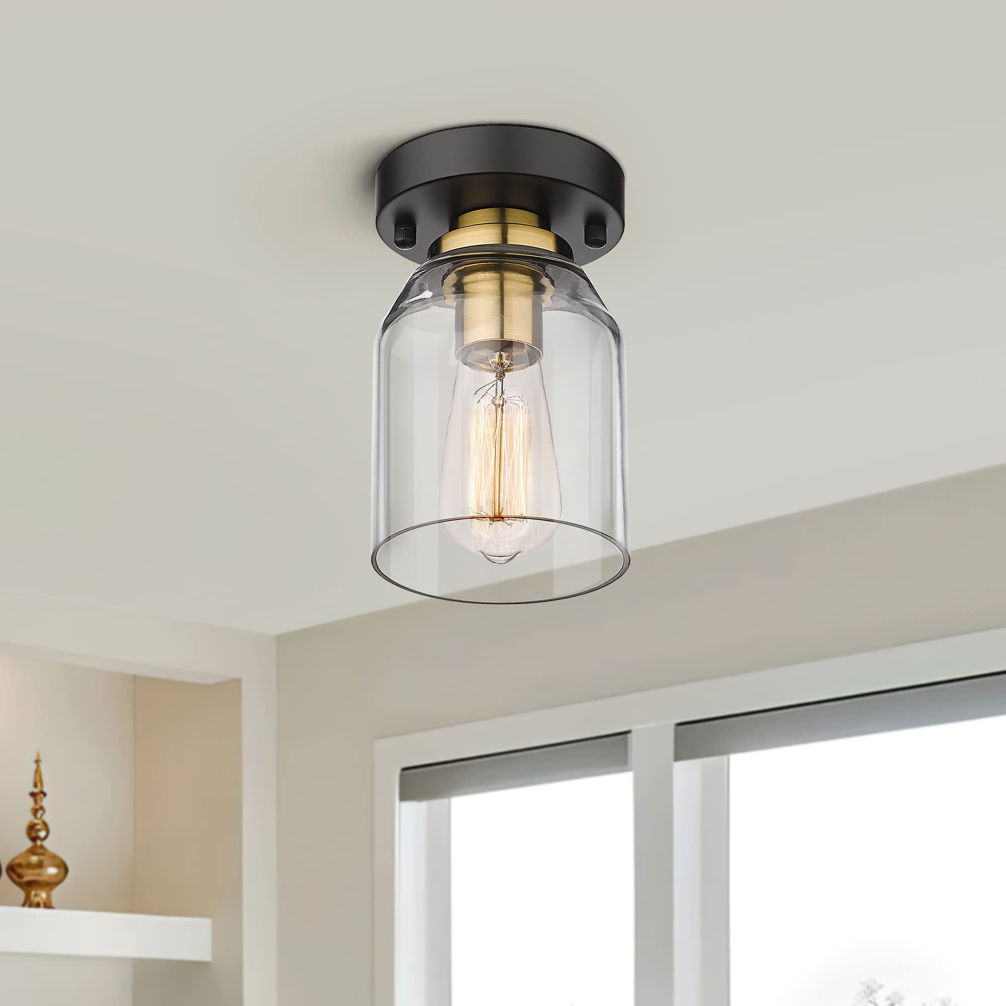 Zeyu 2 Pack Farmhouse Ceiling Lights, Small Semi Flush Mount Light Fixtures With Clear Glass Shade For Kitchen Hallway Laundry R