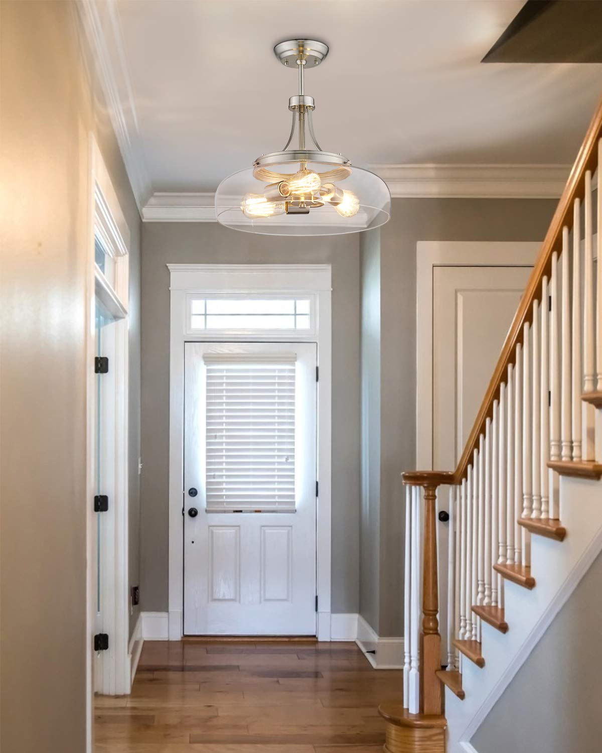 Eapudun 3-Light Farmhouse Semi Flush Mount Ceiling Light, Brushed Nickel With Glass Shade