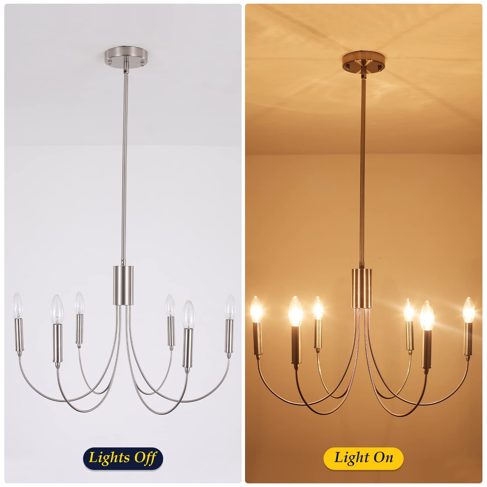 Modern Chandeliers For Dining Room, 6-Lights Vintage Farmhouse Chandeliers, Large Brushed Nickel Hanging Light Fixture For Dinin