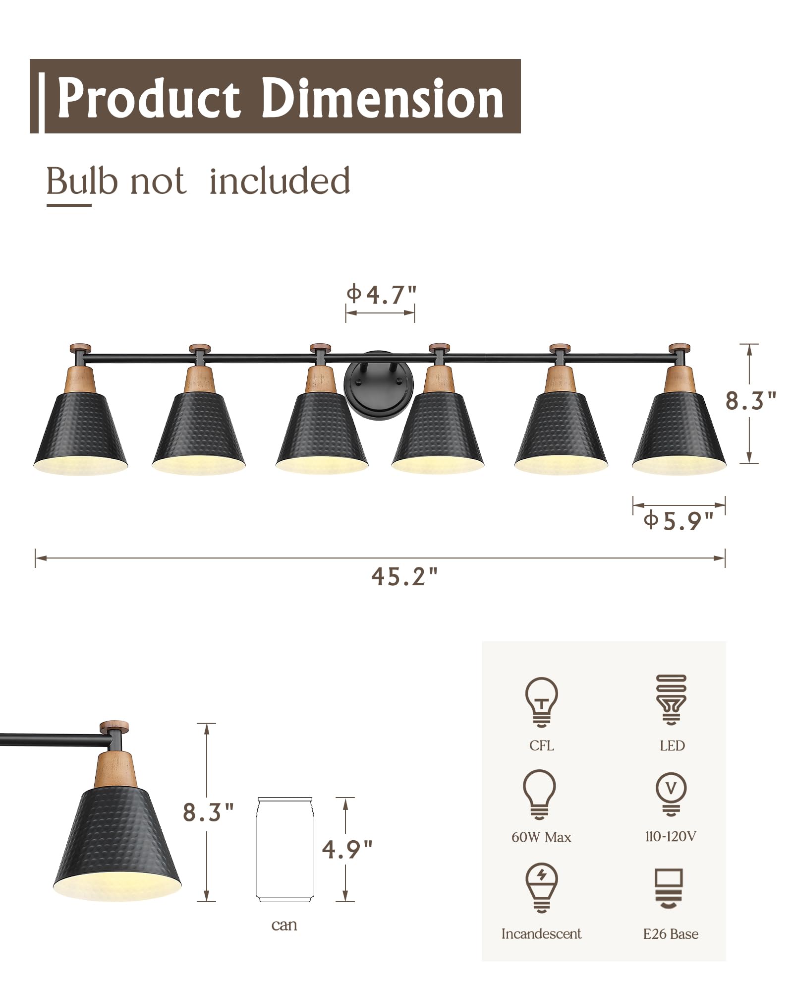 Femila Black Vanity Light, 6 Light Bathroom Vanity Light, Vintage Bathroom Light Fixtures Over Mirror, E26 Base, 4Fg59B-6W Bk