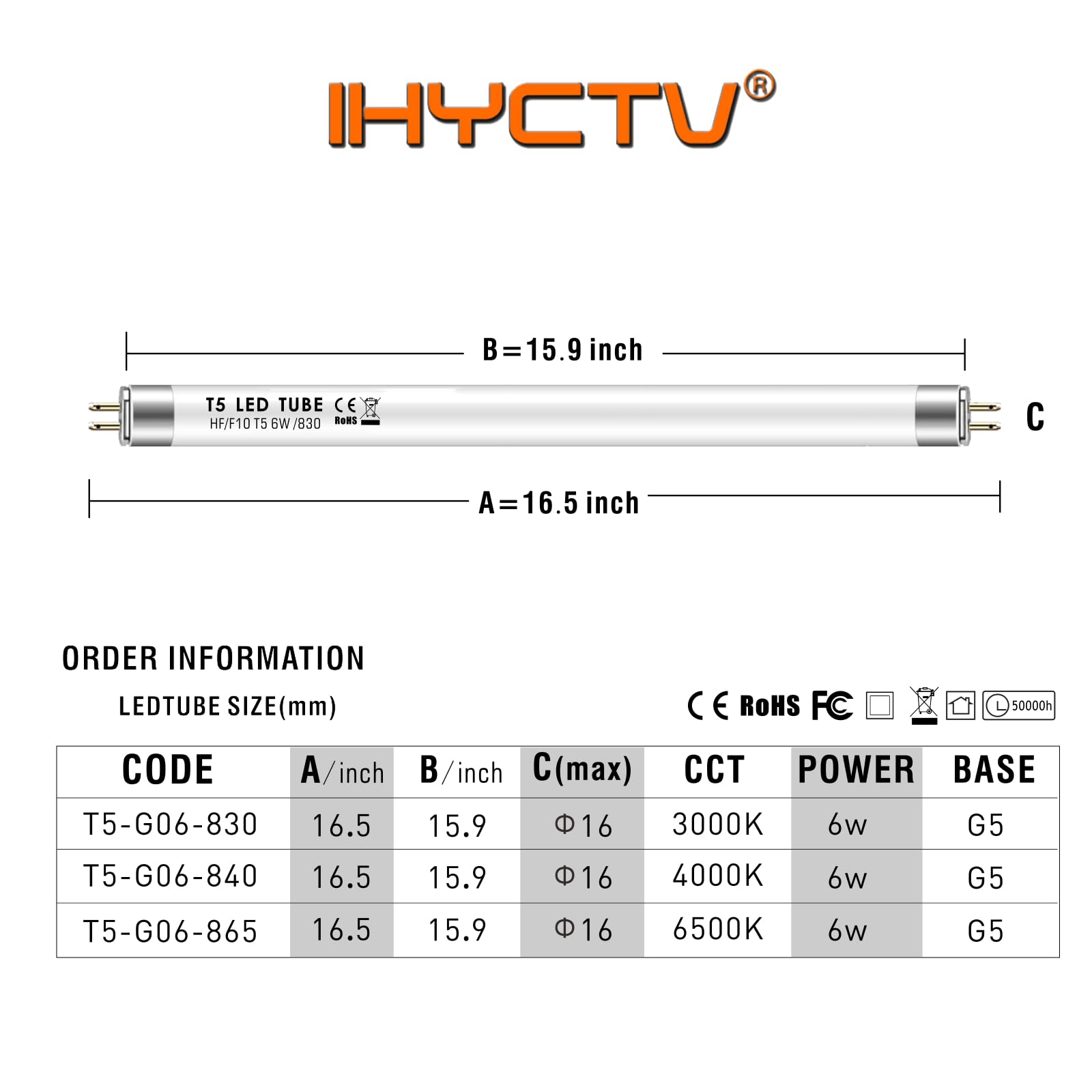 IHYCTV 16" F10T5 LED Fluorescent Bulb Replacement, 6W 790 Lumen, Warm White, Polycarbonate, Model T5-403-G06