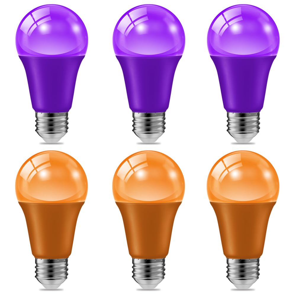 Haraqi 6 Pack 9W (60W Equivalent) 120V E26 Base A19 Led Colored Light Bulb  Purple And Orange Led Lights For Party Christmas Decor And Halloween Lighting