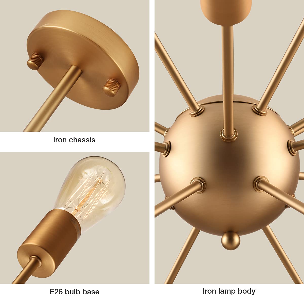 Mirrea Vintage Metal Dimmable Sputnik Chandelier, 18 Lights, Brushed Brass Finish