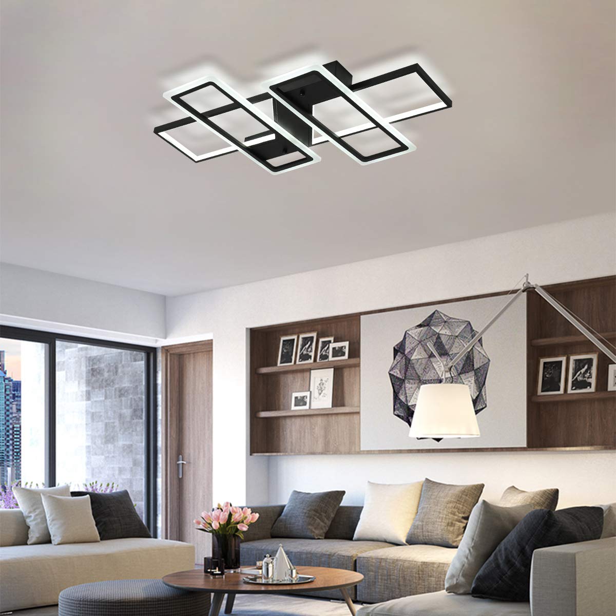 Jaycomey Ceiling Light, Modern 95W Led Flush Mount Ceiling Lamp, 4 Squares Black Metal Acrylic Ceiling Light Fixture For Living