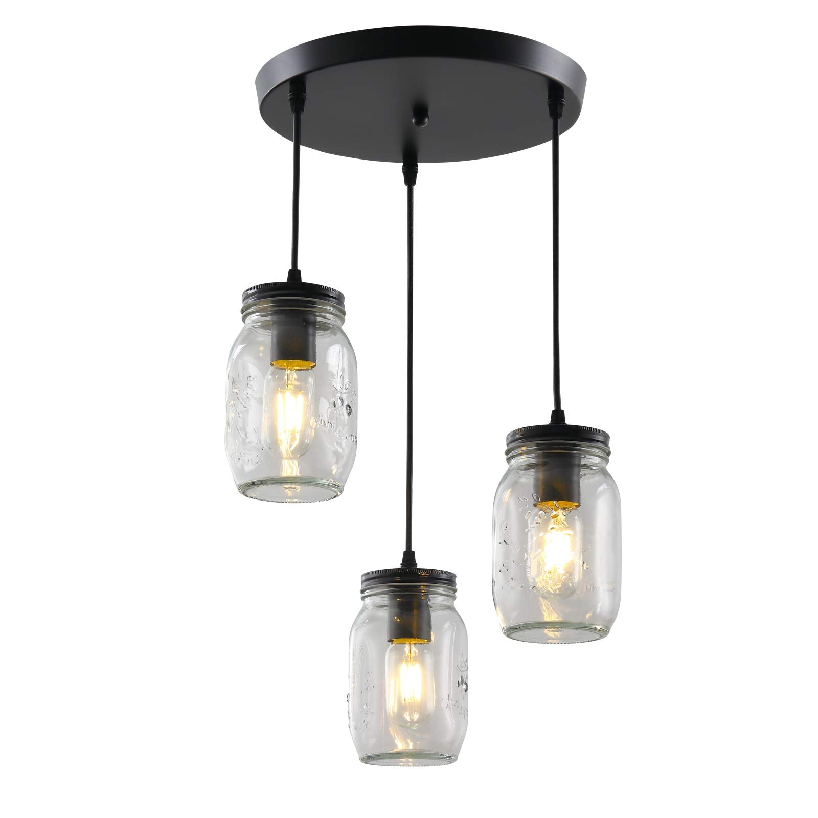 UShe DHome Mason Jar Pendant Light, 3-Light Adjustable Chandelier, Glass, Farmhouse Style, Model AY-0836-3P-BK, Ideal for Kitchen/Dining Room