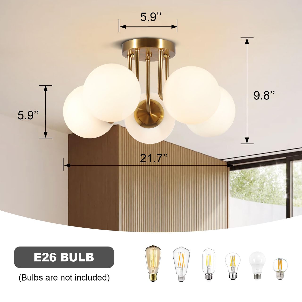 Bektas 5-Lights Semi Flush Mount Ceiling Light Fixture, Brushed Gold, Milk Glass Globe, Model 305-230758BA-US479, Ideal for Living Room & Bedroom