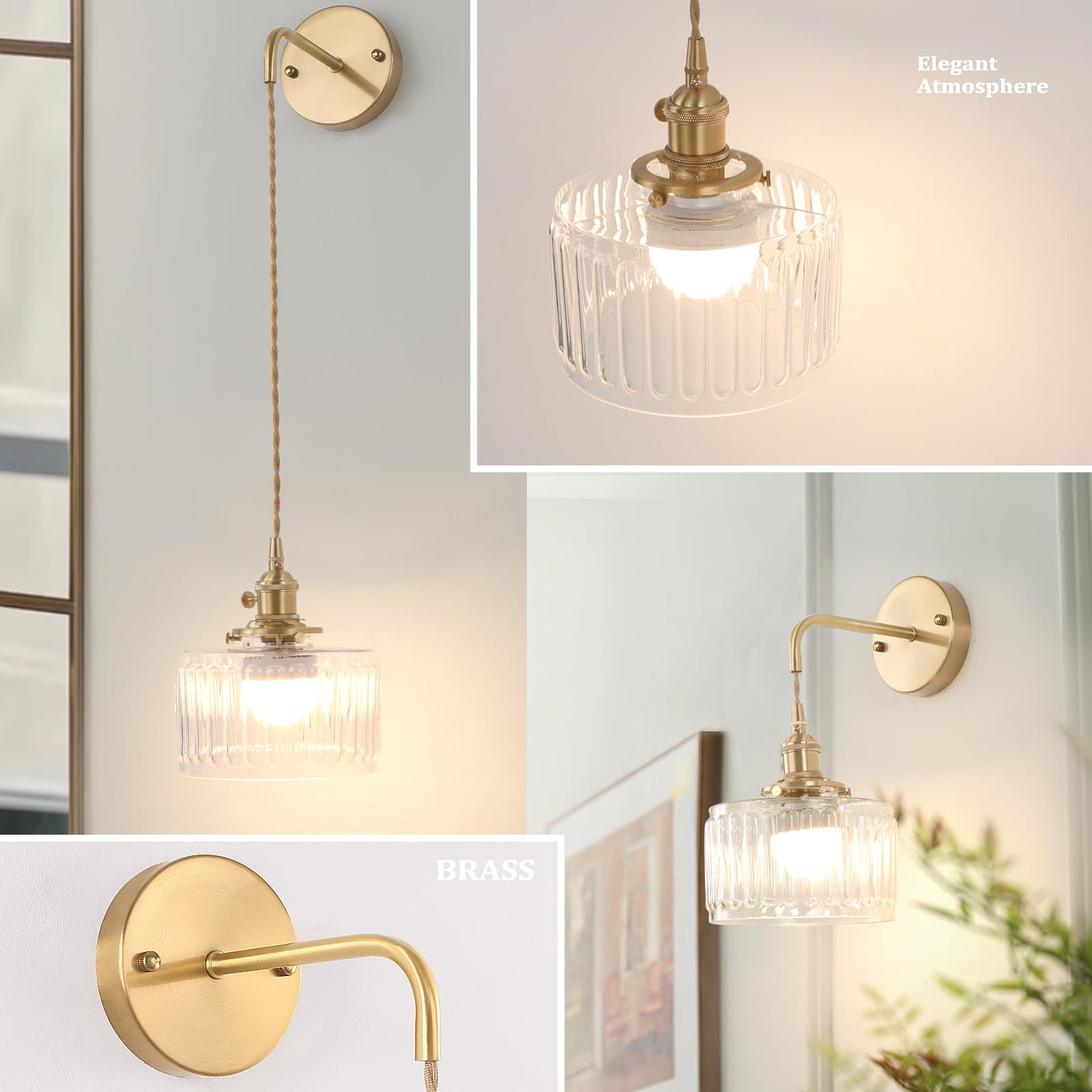 Shenmoyl Battery Operated Wall Sconce, Brass with Clear Striped Shade, Adjustable Chain, Modern Design, Model 1-938