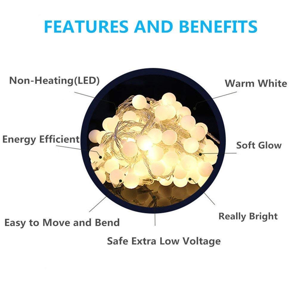 RaThun 49.2ft Globe String Lights, 100 LED, Warm White, 8 Modes, Indoor/Outdoor, Plug-In, Model JT-EL/FC300V0200-C