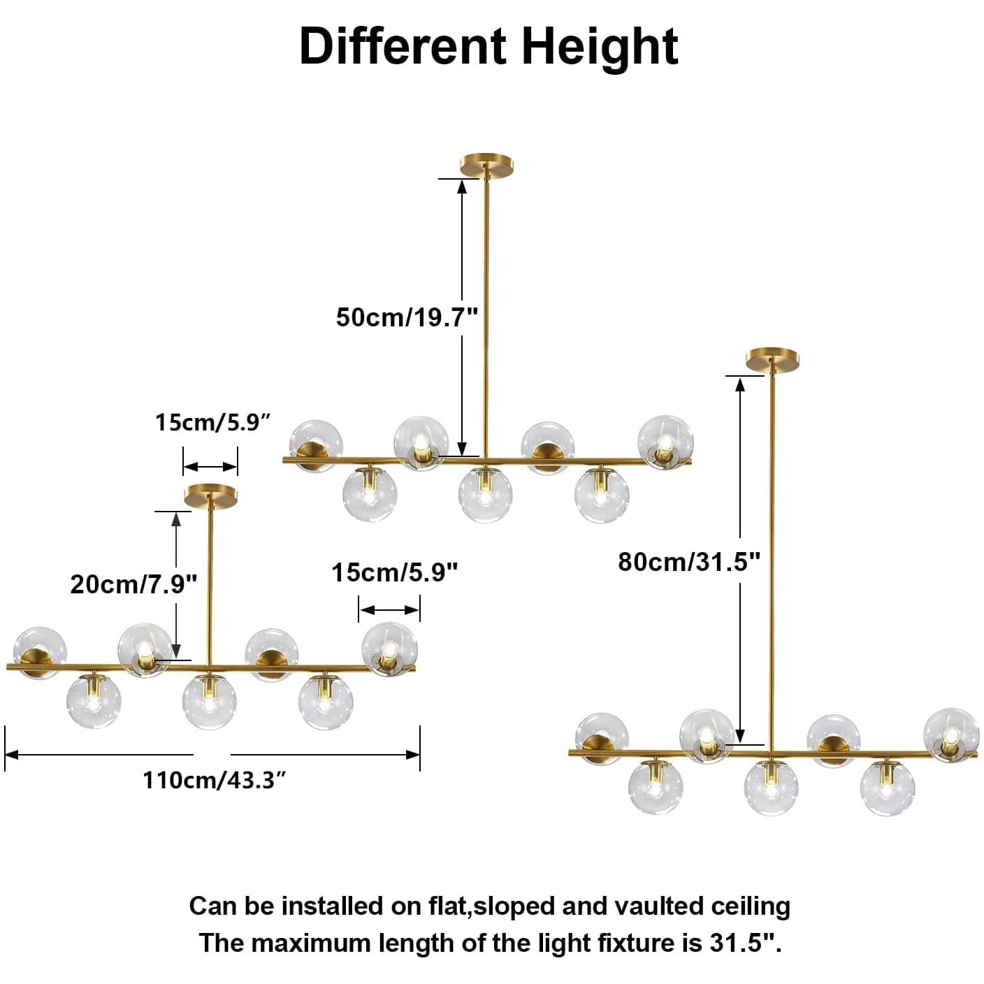 KCO 7-Light Sputnik Chandelier, Brass & Clear Glass, Modern Pendant Lighting for Kitchen Island, Dining Room, Model L1043-GC