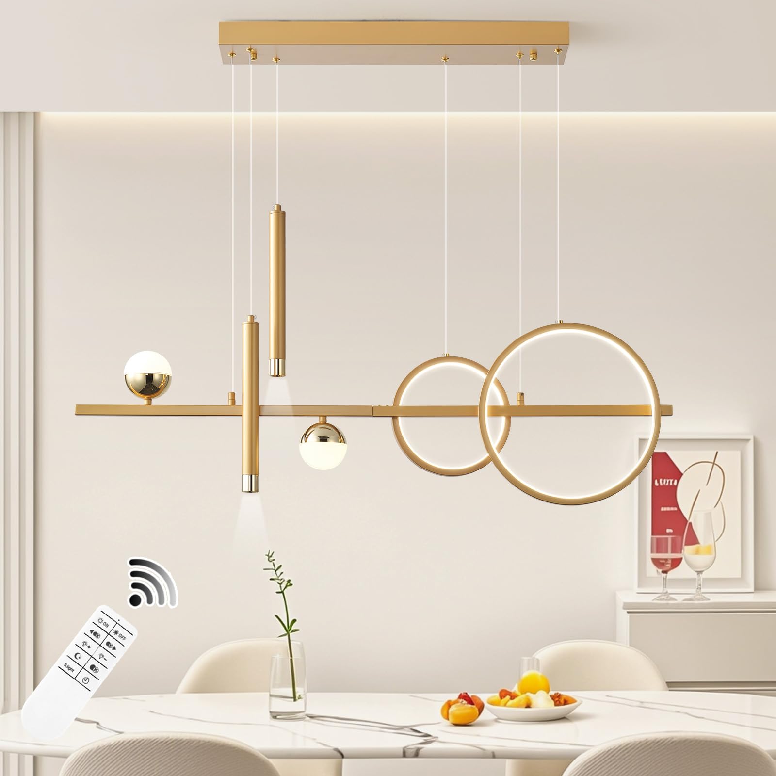 ORANOOR LED Gold Chandelier, 39in Dimmable Modern Pendant Light for Dining Room & Kitchen Island, Model 88056-G