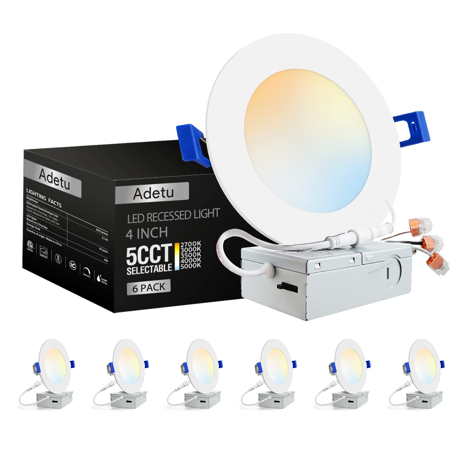 Adetu 6 Pack 4 Inch 5CCT Ultra-Thin LED Recessed Ceiling Light with Junction Box,Dimmable Canless Wafer Downlight,2700K-5000K Se