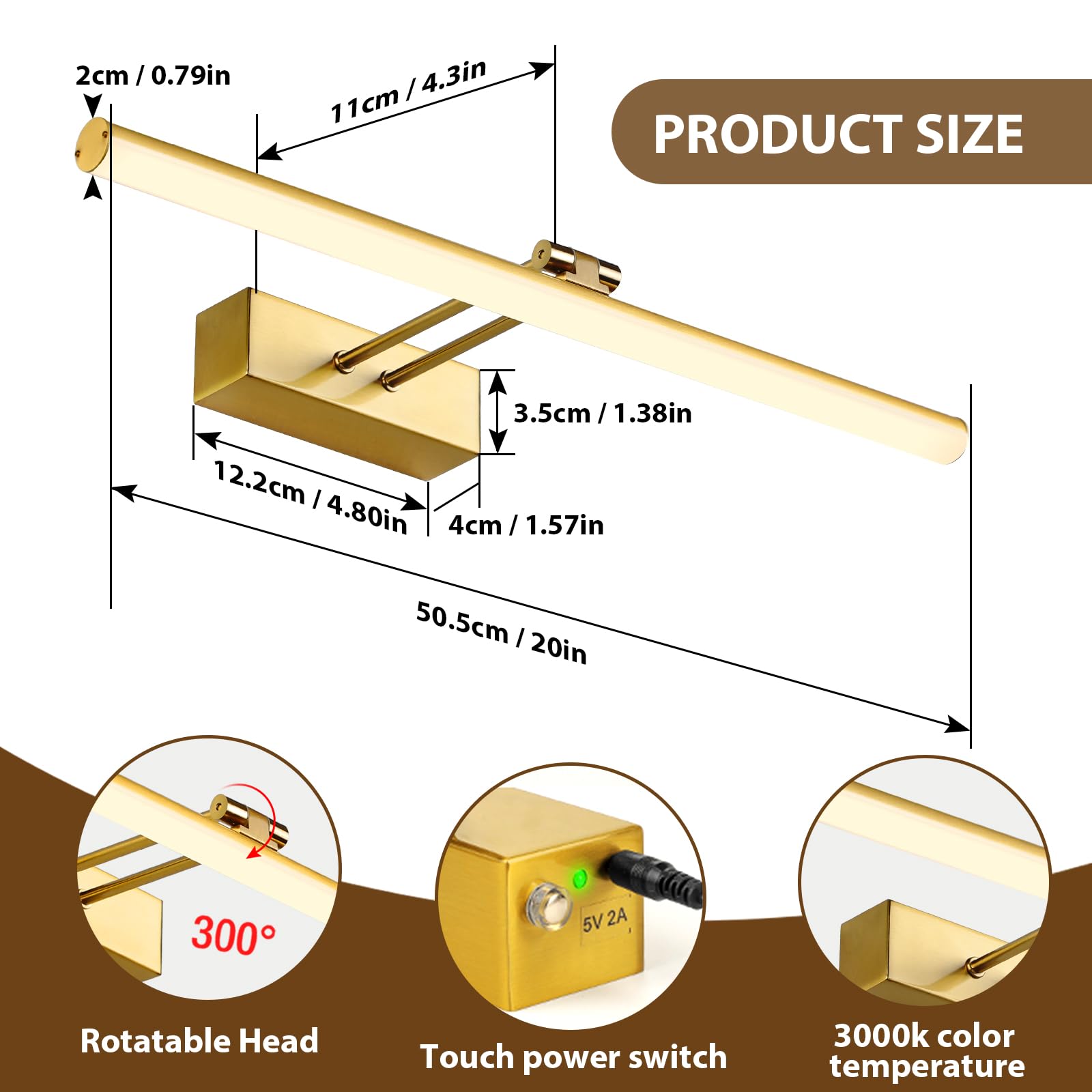 HOWMZON Battery Picture Light with Remote, Dimmable 20" Copper Art Lamp for Paintings and Portraits, Model HW202201BRL