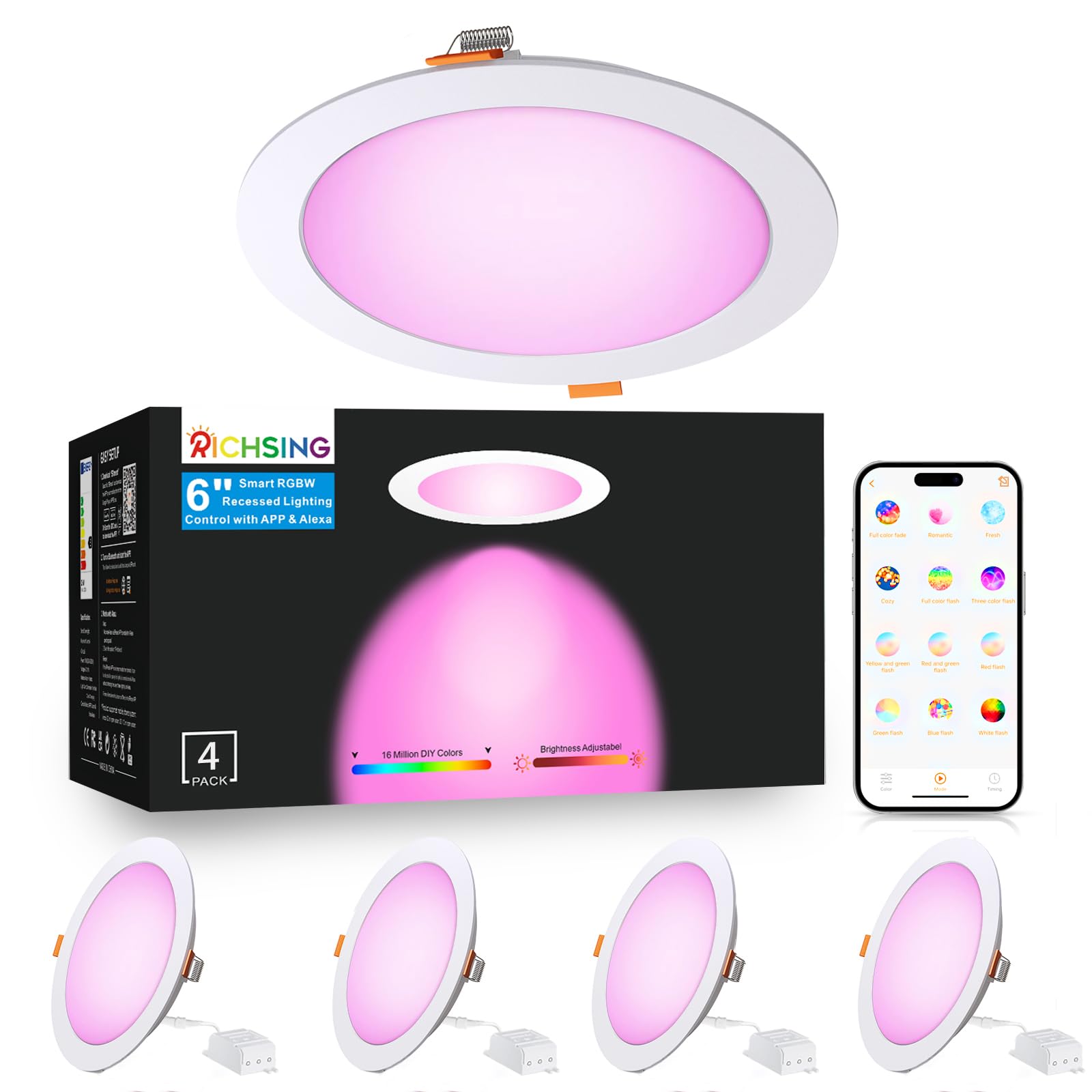 Smart Recessed Lighting 6 Inch Control With App & Alexa, 16W 5000K High Brightness Color Changing Rgbw Smart Canless Led Recessed Lights Dimmable Downlight With Junction Box -4Pack