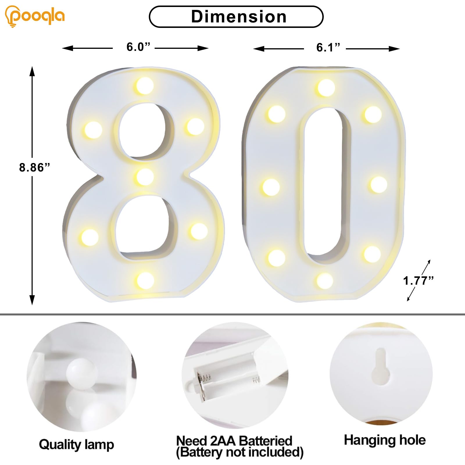 Pooqla LED Marquee Number 80 Sign for 80th Birthday Party Decor, Plastic, Cool White and Warm White, Model DENC-BP-01
