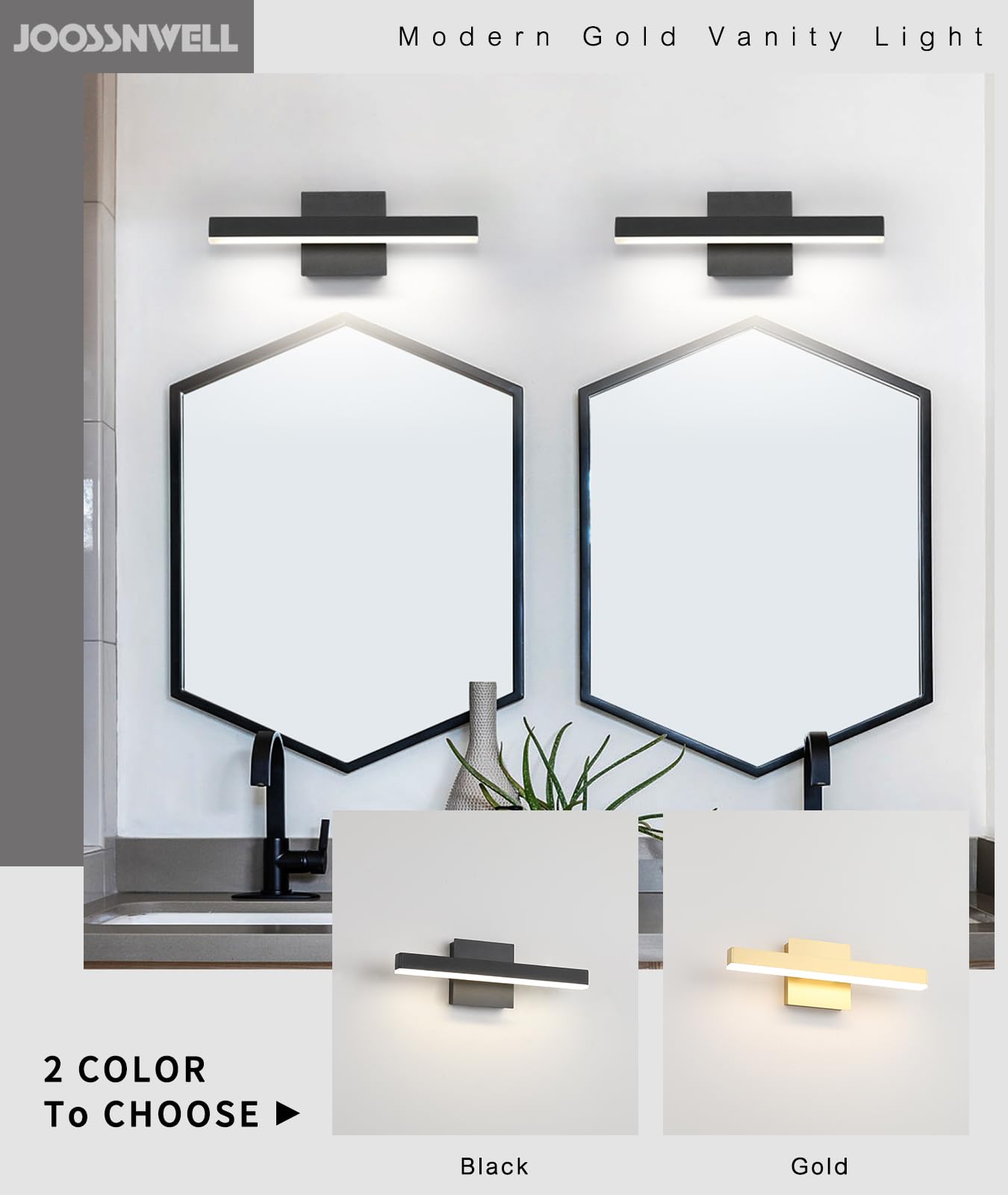 Joossnwell Black Bathroom Vanity Light Fixture - 15.75" Dimmable LED, Aluminum, Model 7560, Modern Over Mirror Lighting