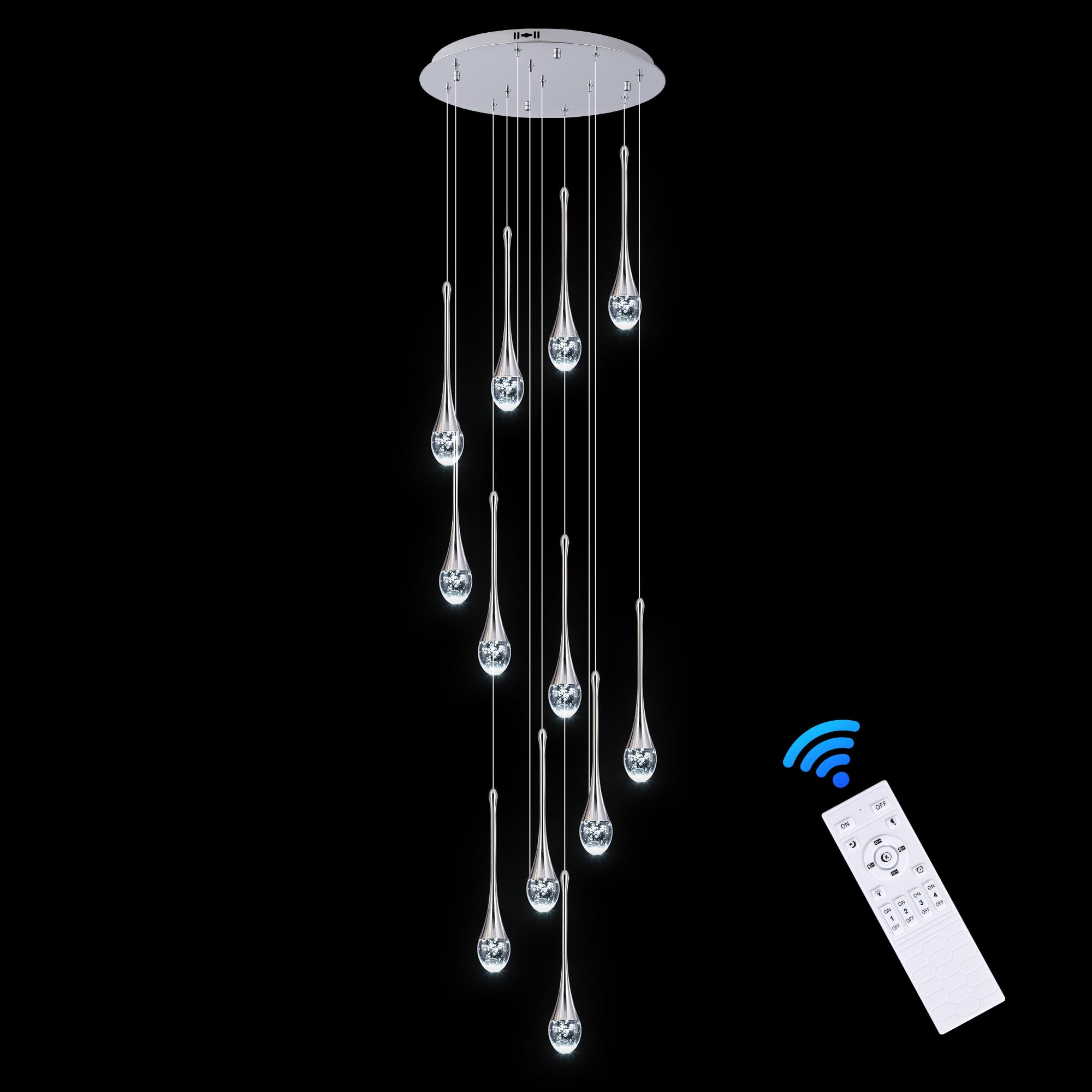 Upfelw Modern Crystal Staircase Chandelier, 12 Lights, Polished Chrome, Dimmable LED, H120in , Model UCC-S12-0436