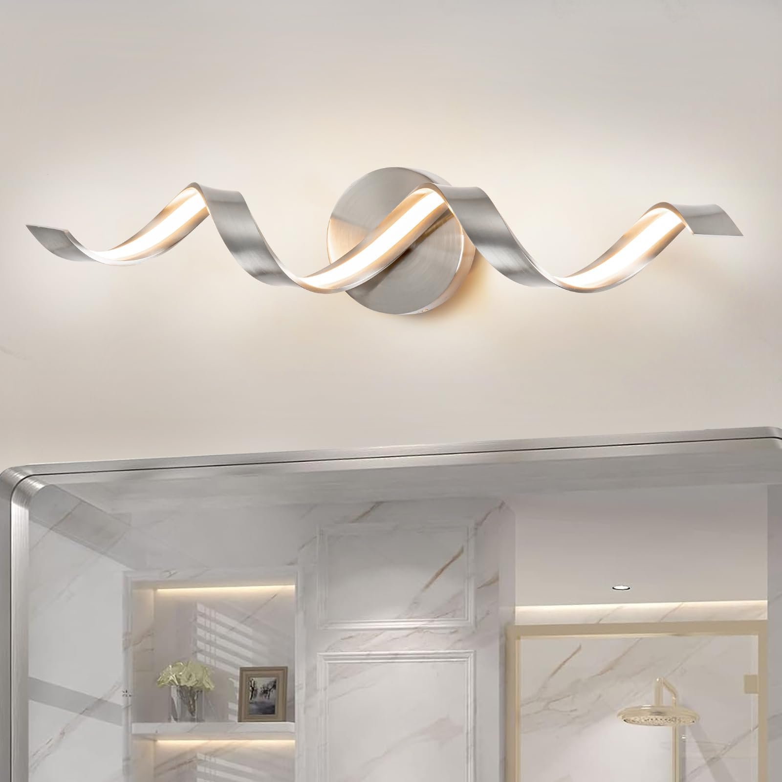 Huoku 24" Dimmable Modern Led Bathroom Vanity Light, Spiral Design, Brushed Nickel, 3000K