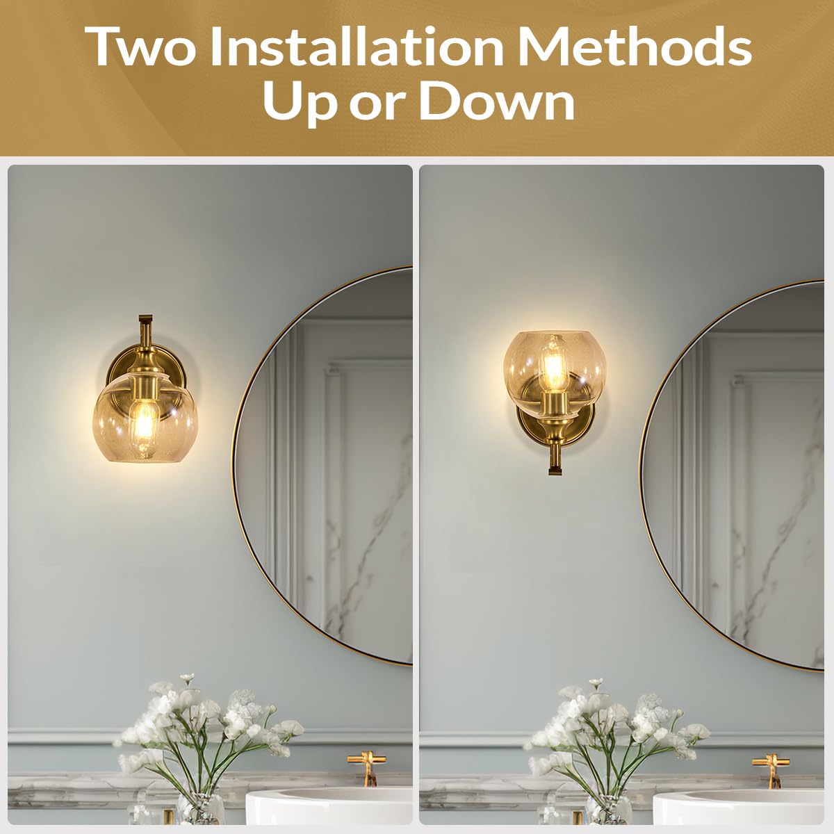 ANDY STAR Brushed Gold Bathroom Light Fixture, 1-Light Wall Sconce with Clear Globe Shade, Metal Vanity Lighting for Home