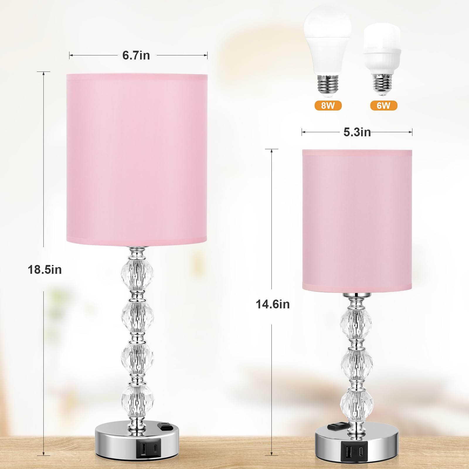 Acaxin Touch Bedside Crystal Lamp, 3-Way Dimmable, 18.5in, USB C+A Charging Port, AC Outlet, Pink, Model ACA-TL-Mini4