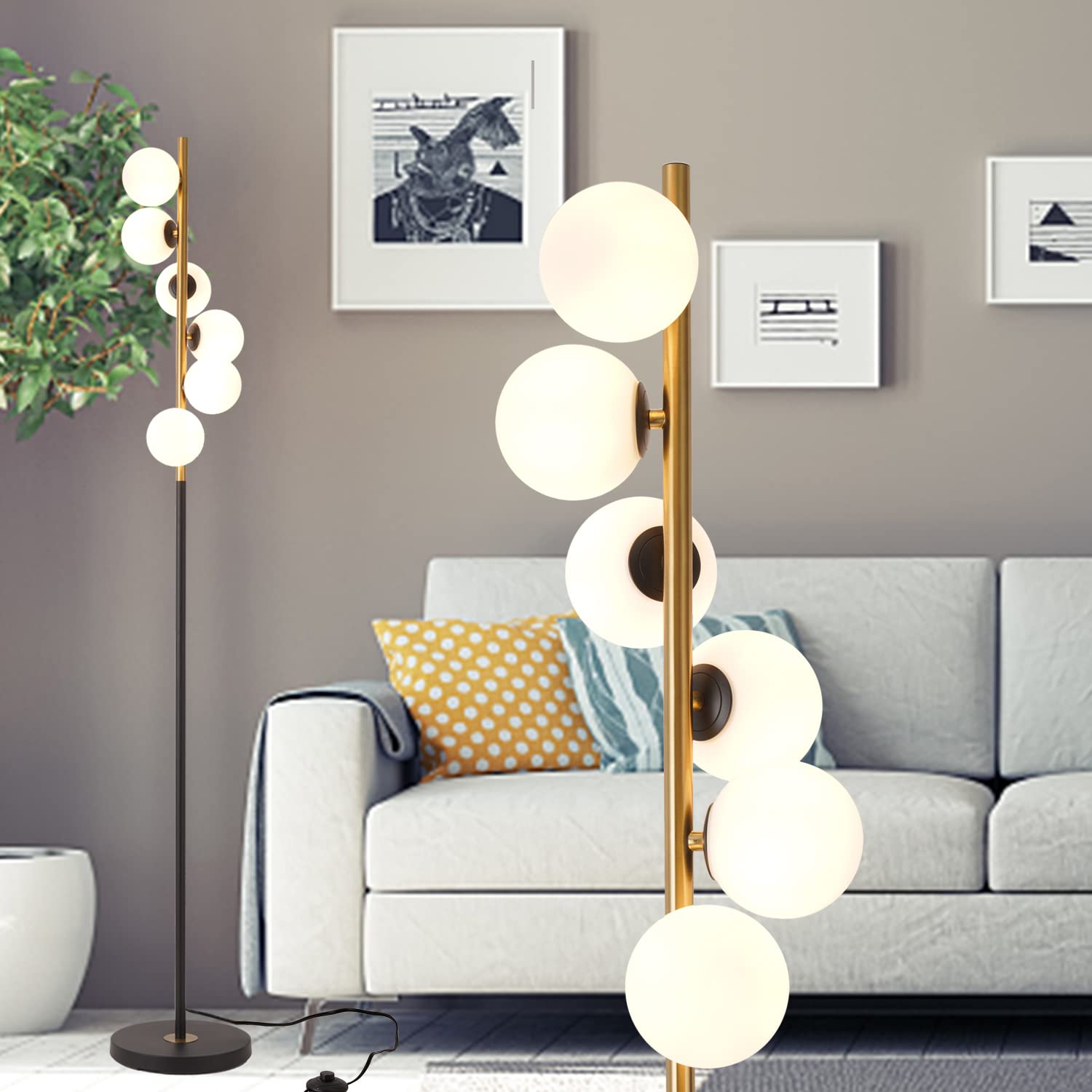 YOLIZUOT Modern Floor Lamp LED Standing Tall Pole Lamp with Glass Shade Elegant Mid Century Modern Floor Lamps for Living Room Bedroom Office Dinning Room 6 Lights (Bulbs Included)