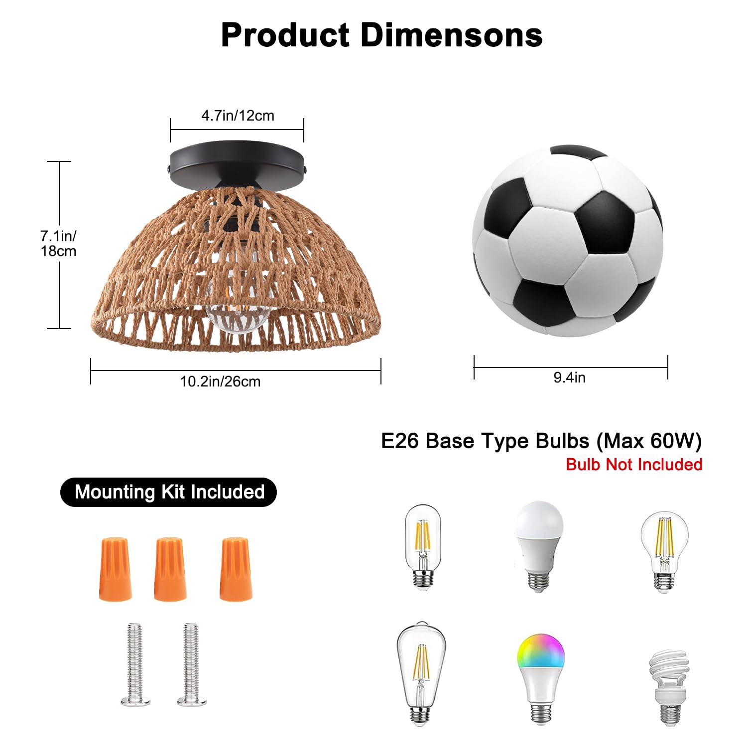 Ihengyanlt 2 Pack 10.2'' H Farmhouse Fixtures Ceiling Mount, Brown Rattan Boho Semi Flush Mount Ceiling Light,Hand Woven Hallway