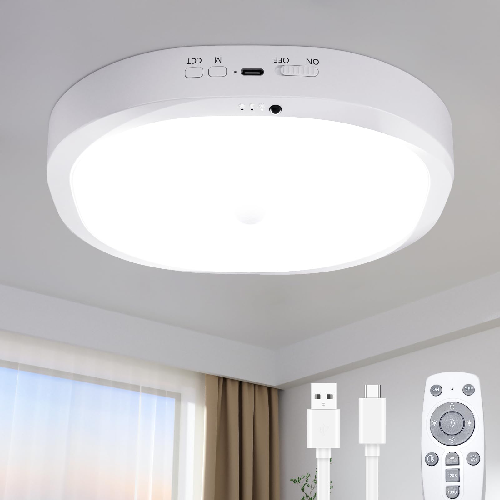 RIRIBEN Rechargeable Motion Sensor Ceiling Light, 10000mAh Battery, Remote Control, Magnetic Mount, White, Model CL06